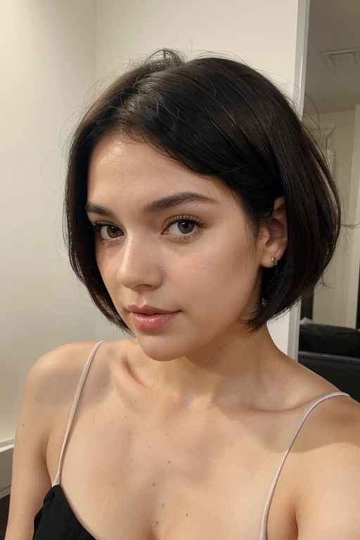 Sweet face of white girl with short black hair above the shoulders straight and cute honey-colored eyes and full lips. Sexy or indifferent pose