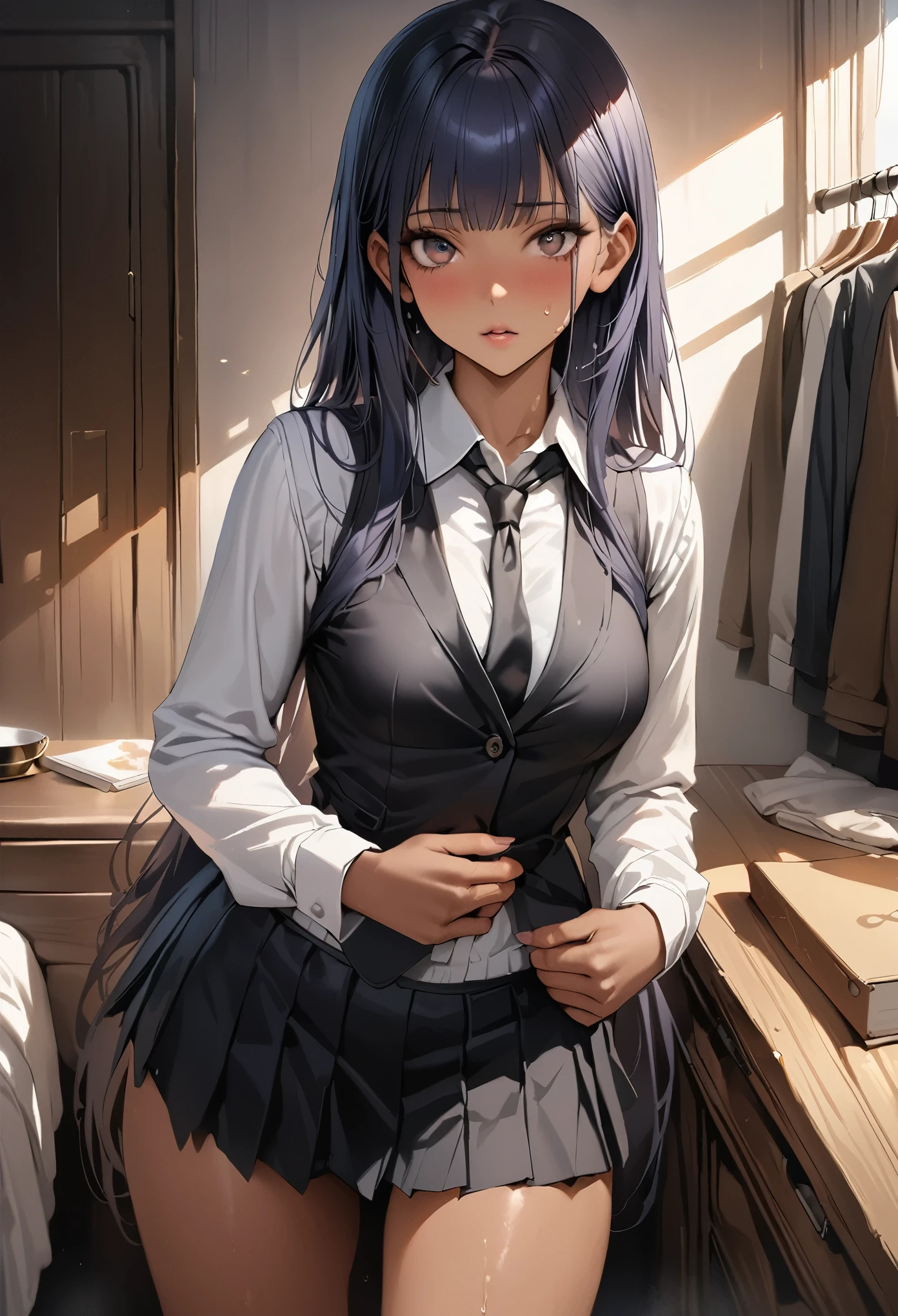 ((masterpiece,Highest quality:1.3,best quality illustration)),realistic,(One 20-year-old beauty),((very small head:1.3)),ideal ratio body proportions,dark blue hair,straight long hair,bangs,black eyes,gorgeous big eyes,((tan skin,skinny)),(Black vest、Black tie、White collared shirt、Long sleeve、Black pleated mini skirt)),medium breasts,gleaming skin,slender body,sweat,standing,Simple bedroom,Shinjuku、Tokyo、nsfw,