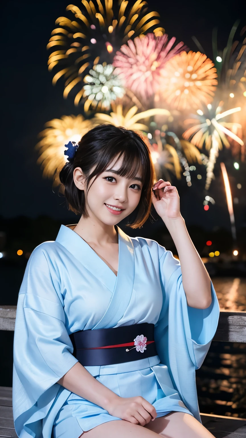 (8k、RAW Photos、Highest quality、masterpiece:1.2)、(Real、Photorealistic:1.37)、Ultra-high resolution、One Girl、cute、solo、night、sitting、(Laughter:1.1)、Beautiful Eyes、(Short Hair:1.2)、(((Fireworks bursting into the sky、night)))、(((kimono、yukata)))、Cleavage、Perfect body、Perfect Fingers、Professional Lighting、Japanese Goddess、gravure、Detailed face and skin texture、Detailed eyes、RAW Photoy thighs are in full view.)))、丈の非常に短いyukata、20 year old Japanese girl、Highest quality、Full Body Shot、Ultra-high resolution、(reality:1.4)、Raw photo、(花柄yukataの女の子:1.2)、Summer festival、night、No underwear is worn、I&#39;m not wearing a bra、(((Shoulder-baring big breasts:1,5)))、Cleavageにしっとりと汗、ランダムなcuteポーズ、Large Breasts、