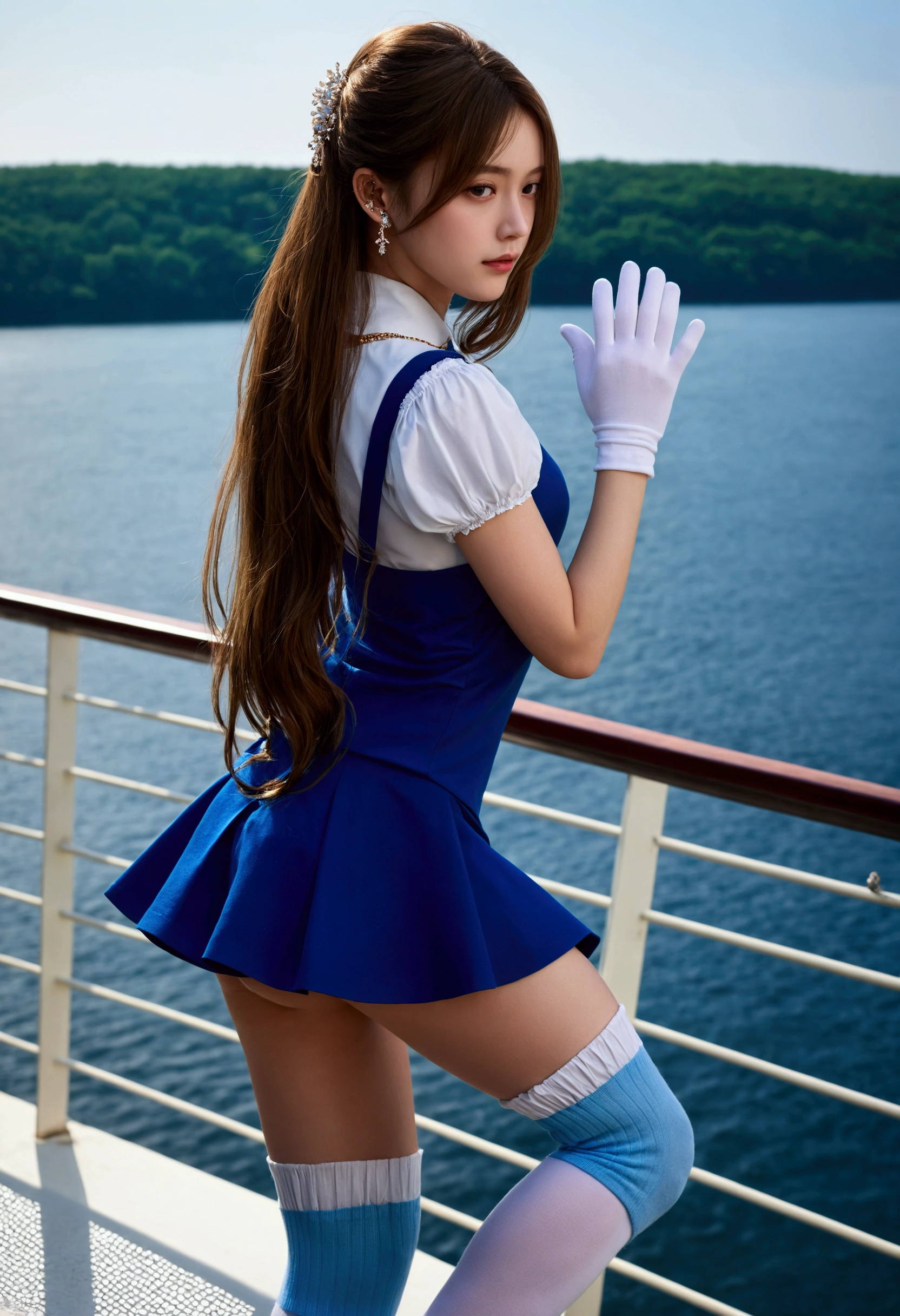 ((Highest quality)), ((masterpiece)), ((One Girl)), alone, ferry, ((Long Hair)), ferryBase, ((Knee socks)), Expose your shoulders, ((jewelry)), ((Sleeveless)), White Dress, Blue Skirt, ((gloves)), Up to the thighs, From behind.