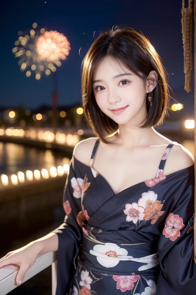 Image resolution 8K、Masterpiece:1.3)、cute、1 girl、(魅力的なbody:1.2)、abdomen:1.1、Dark Brown Hair:1.1、(body:1.2)、Ultra-detailed face、Attractive lips、double eyelid、Ultra-realistic and detailed Japanese yukata、Japanese、cute女の子、10th Generation(18-year-old)、Smiling with a nice smile、Hair blowing in the wind、short hair、In the background, people are watching fireworks on the riverbank、
