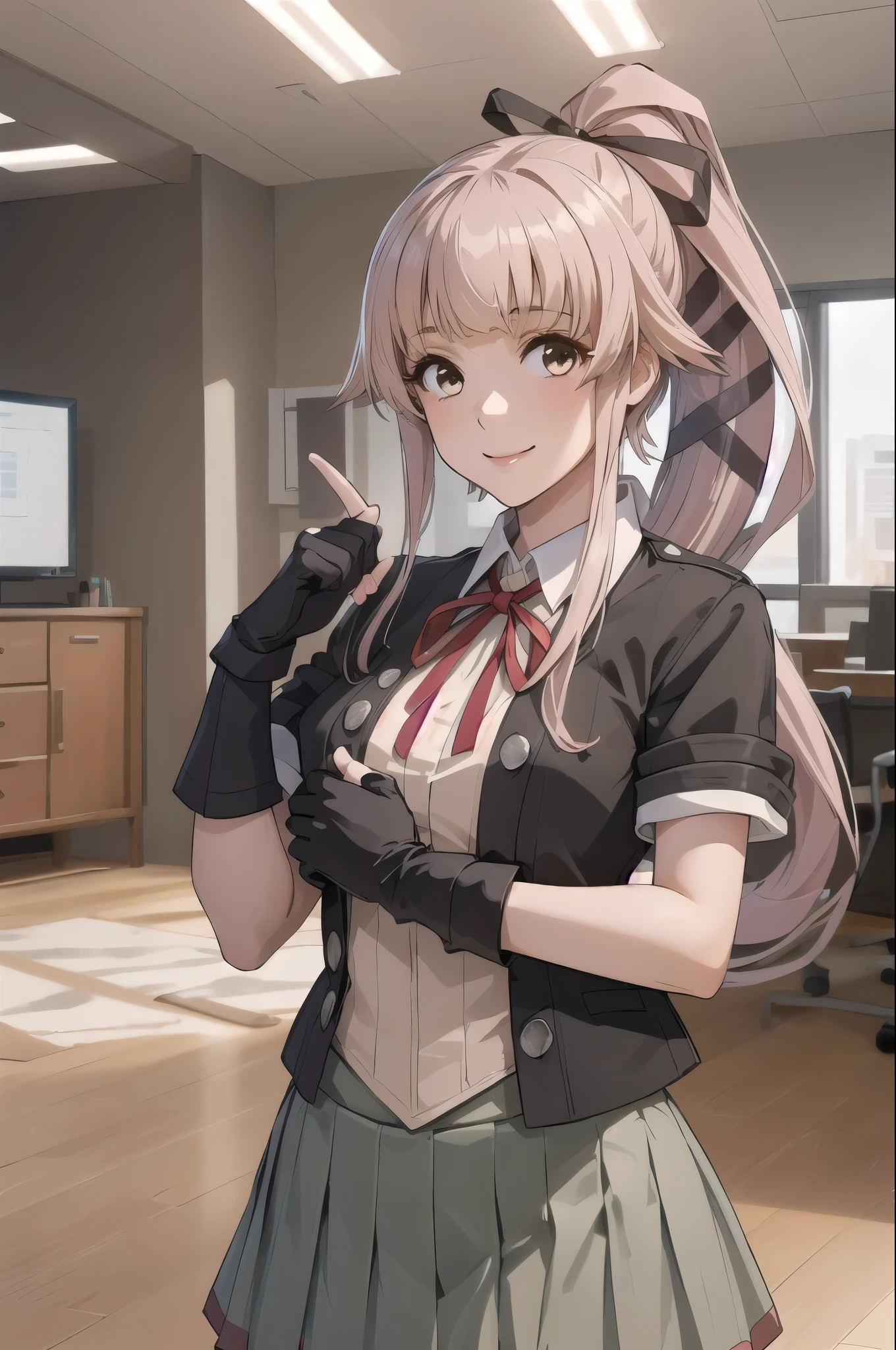 (masterpiece, Highest quality:1.2), alone, One girl, (Yura Kai-2), smile, View your viewers, (indoor, office, living room), , ponytail, Hair Ribbon, , Jacket, Seraphim, Neck ribbon, Black gloves, Partially fingerless gloves, Grey Skirt 