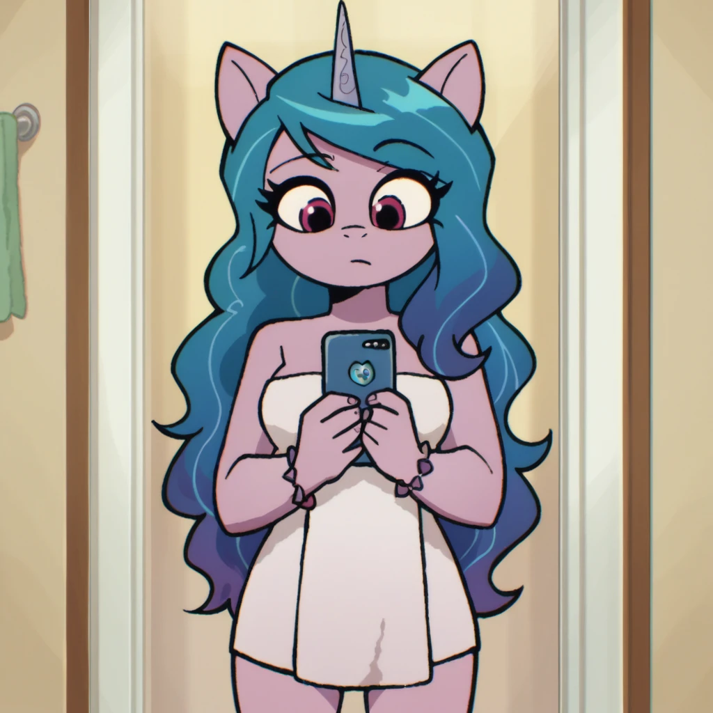 score_9_presence, score_8_up, Izzy Moonbow, mlp, G5, wrapped in towel, medium breasts, holding phone