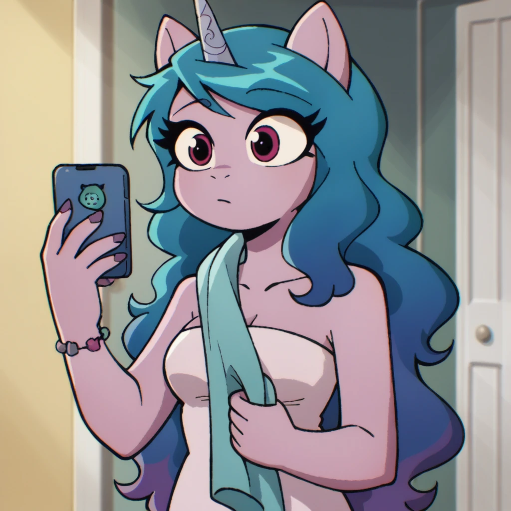 score_9_presence, score_8_up, Izzy Moonbow, mlp, G5, wrapped in towel, medium breasts, holding phone