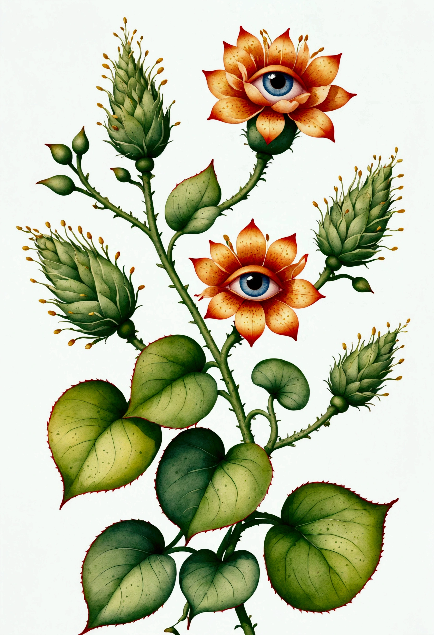 (Pointillism method). Bizarre plants：1.5，(((eye：1.37)))，Neat line drawing，vine,Pen line outline，watercolor，Elegant colors，vintage style， format as coloring book page petals meridian ,
Large area of blank。