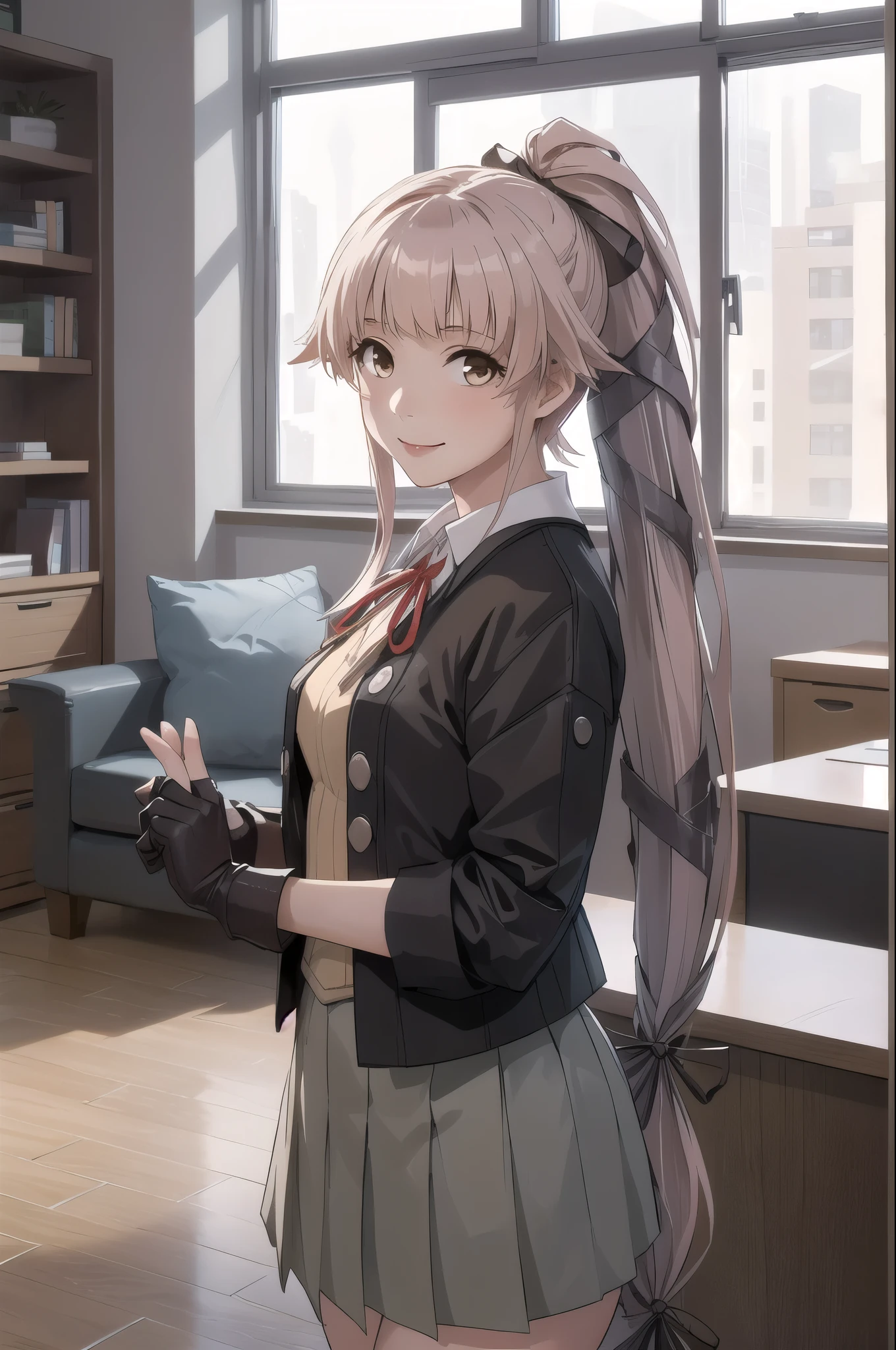 (masterpiece, Highest quality:1.2), alone, One girl, (Yura Kai-2), smile, View your viewers, (indoor, office, living room), , ponytail, Hair Ribbon, , Jacket, Seraphim, Neck ribbon, Black gloves, Partially fingerless gloves, Grey Skirt 