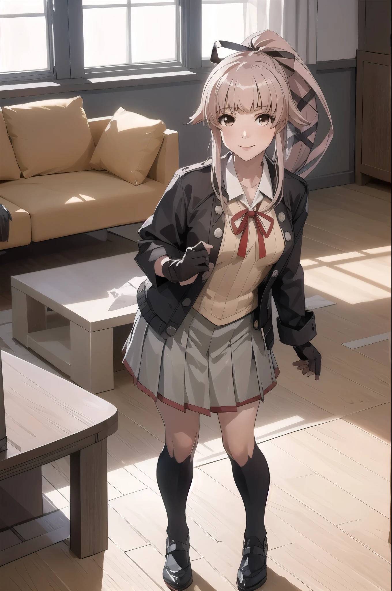 (masterpiece, Highest quality:1.2), alone, One girl, (Yura Kai-2), smile, View your viewers, (indoor, office, living room), , ponytail, Hair Ribbon, , Jacket, Seraphim, Neck ribbon, Black gloves, Partially fingerless gloves, Grey Skirt 