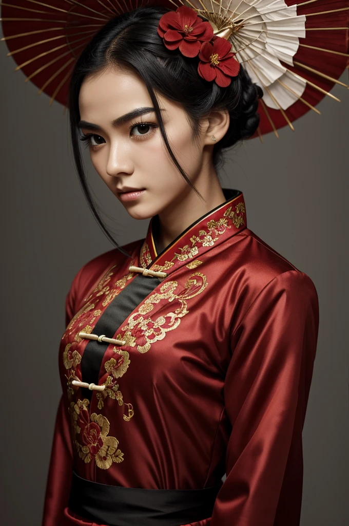 Make an image with the following description - Age: 18 years - Gender: Female - Height: Short and thin - Hair: negro, short and disheveled - Eyes: red, with an intense and mysterious look - Outfit: Chinese traditional costume, with black and red details, and a big flower in her hair - Weapon: Spear - Facial Features: Pale skin, angled eyebrows, small nose and thin lips - Posture: Agile and elegant, with a charismatic presence