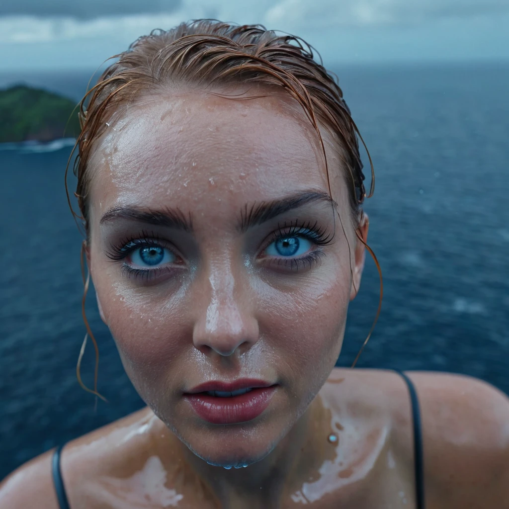 Island in ocean, view from sky, crane angle, 8k, RAW photo, best quality, masterpiece, photo-realistic, highly detailed, cinematic lighting, sharp focus, Abby Winters style quality photograph, high resolution, photorealistic, wet skin, water dripping, glistening skin, focus on eyes, dark blue eyes