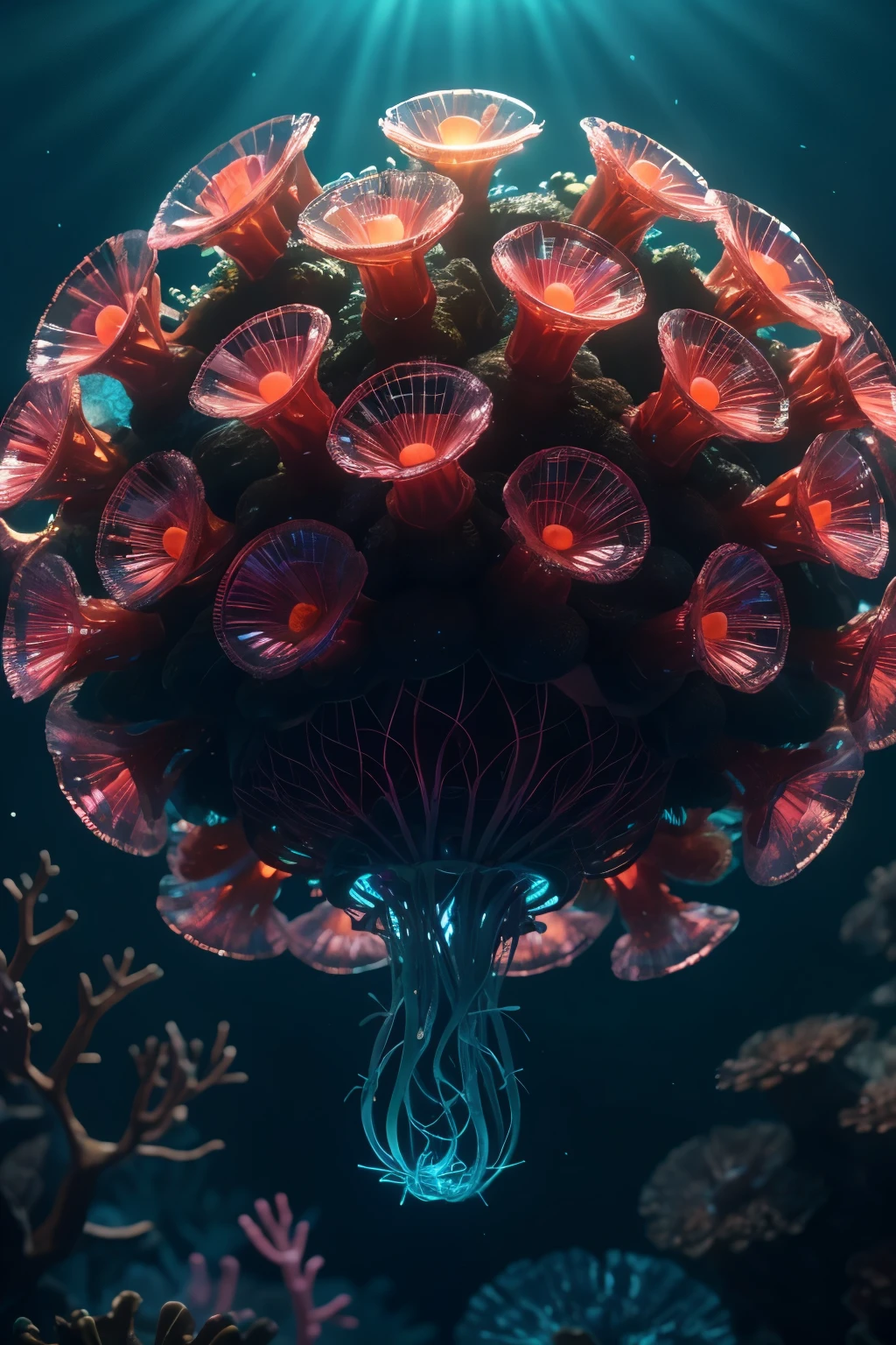 In this captivating close-up shot, a group of delightful black babies are depicted in radiant neon-lit clothing, perched atop a float of colossal, glowing jellyfish. The scene is set against the backdrop of a mesmerizing neon-lit coral reef, filled with vibrant colors and rippling waters. Light penetrates the scene, casting a stunning glow that illuminates the image, creating a cinematic experience of breathtaking beauty. This ultra-HD, hyper-realistic image, rendered in 32k, is a truly remarkable masterpiece, trending on ArtStation. Utilizing Octane 3D rendering and Unreal Engine,