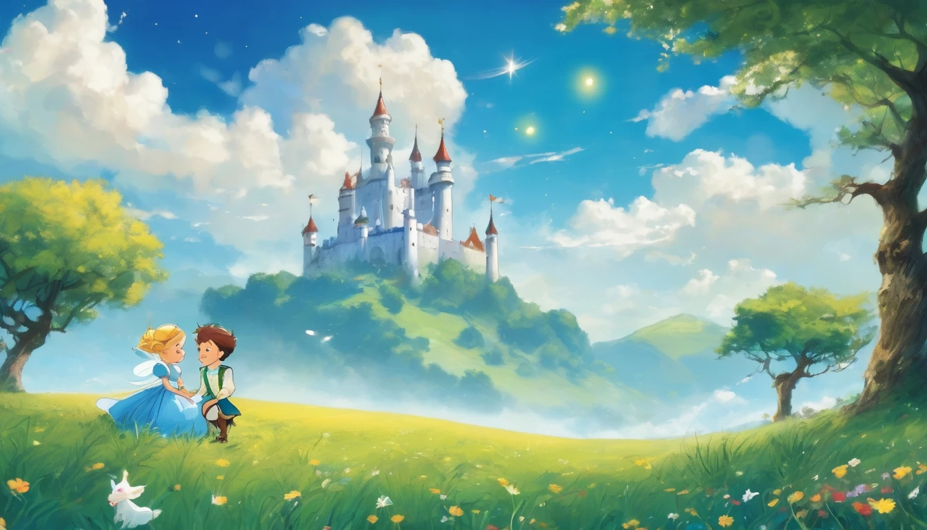 Illustration style,fairy tales,Grassland under blue sky and white clouds,On the right side of the picture there is a happy little prince and princess