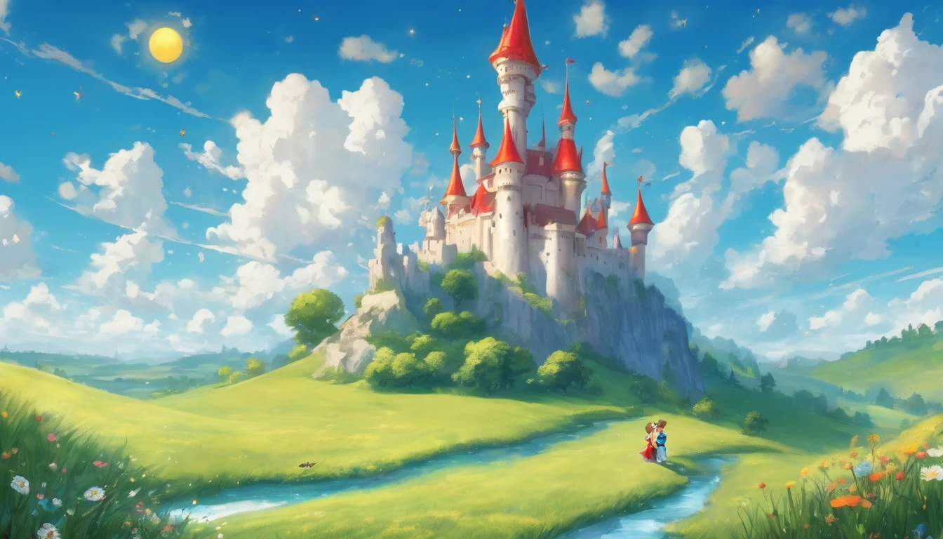 Illustration style,fairy tales,Grassland under blue sky and white clouds,On the right side of the picture there is a happy little prince and princess