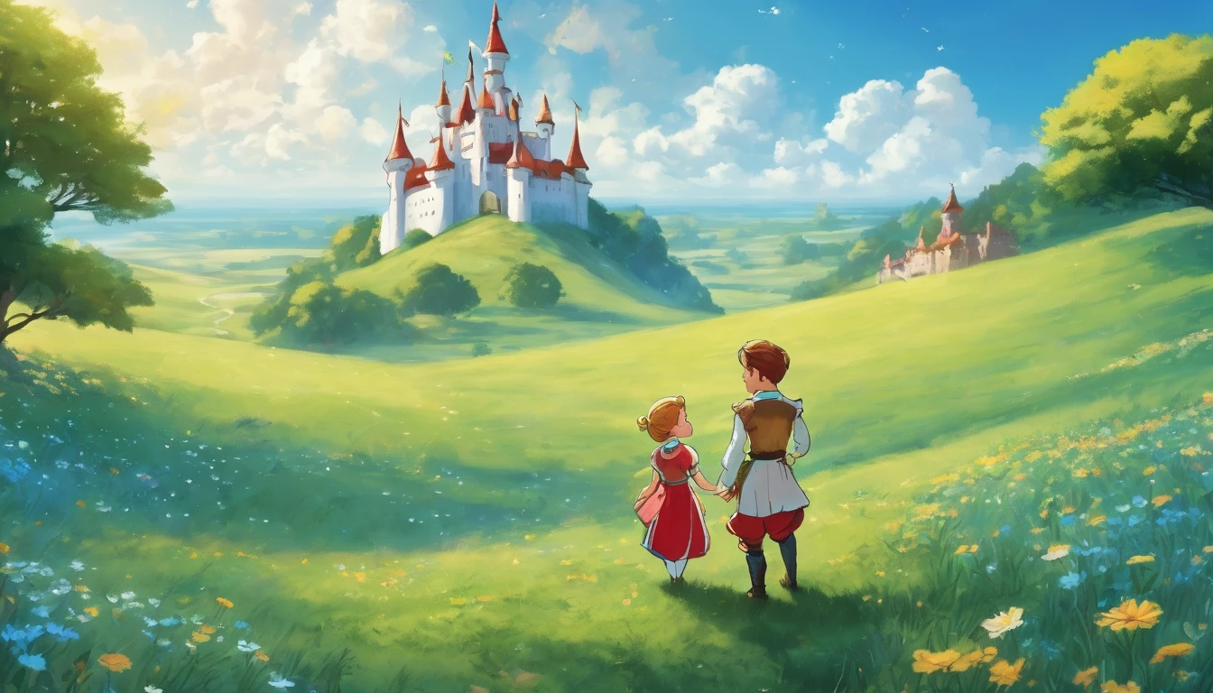 Illustration style，fairy tales，Grassland under blue sky and white clouds，On the right side of the picture there is a happy little prince and princess