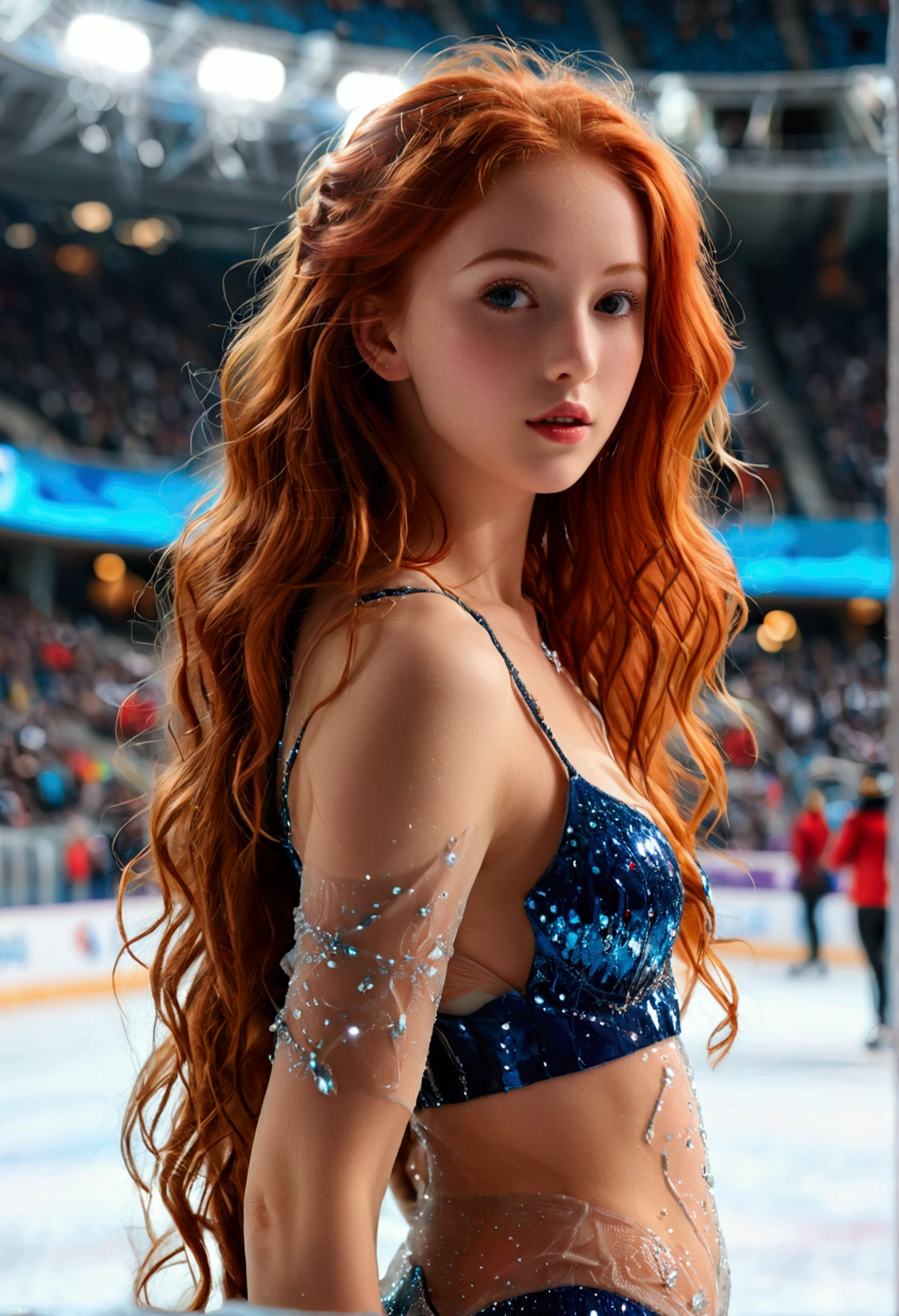 ultra realistic, photography, long red hair, girl, 24 years old, hourglass figure, perfect body, Flirty look, natural breasts, blur background, in a crowded olympic stadium, doing some ice skating, doing skating figures on ice, full body, (full body) (wide shot)