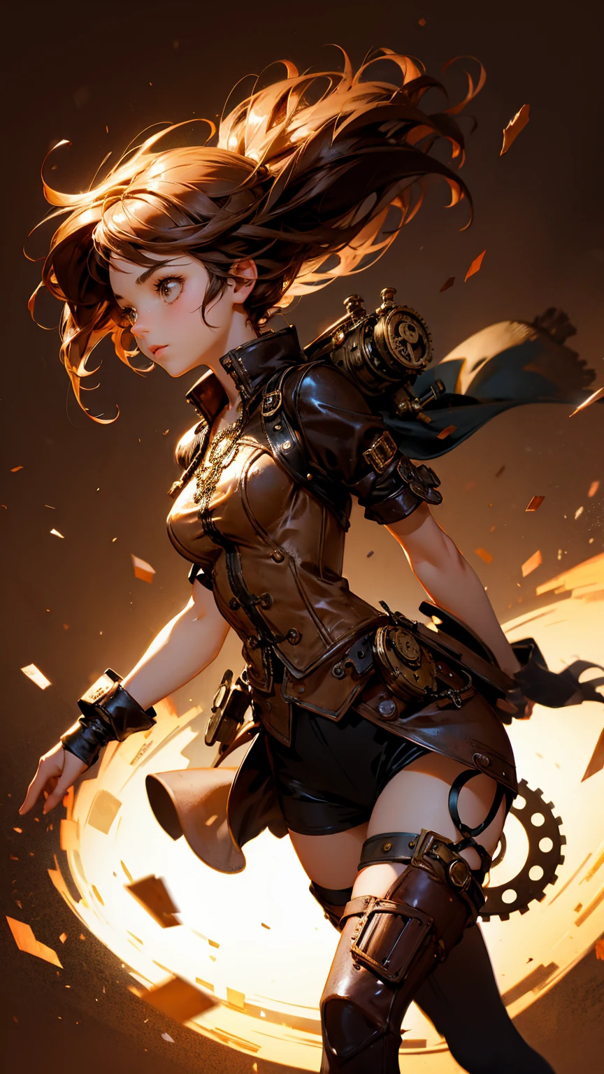 A cute steampunk girl running from left side, strong lighting contrasts, brown background