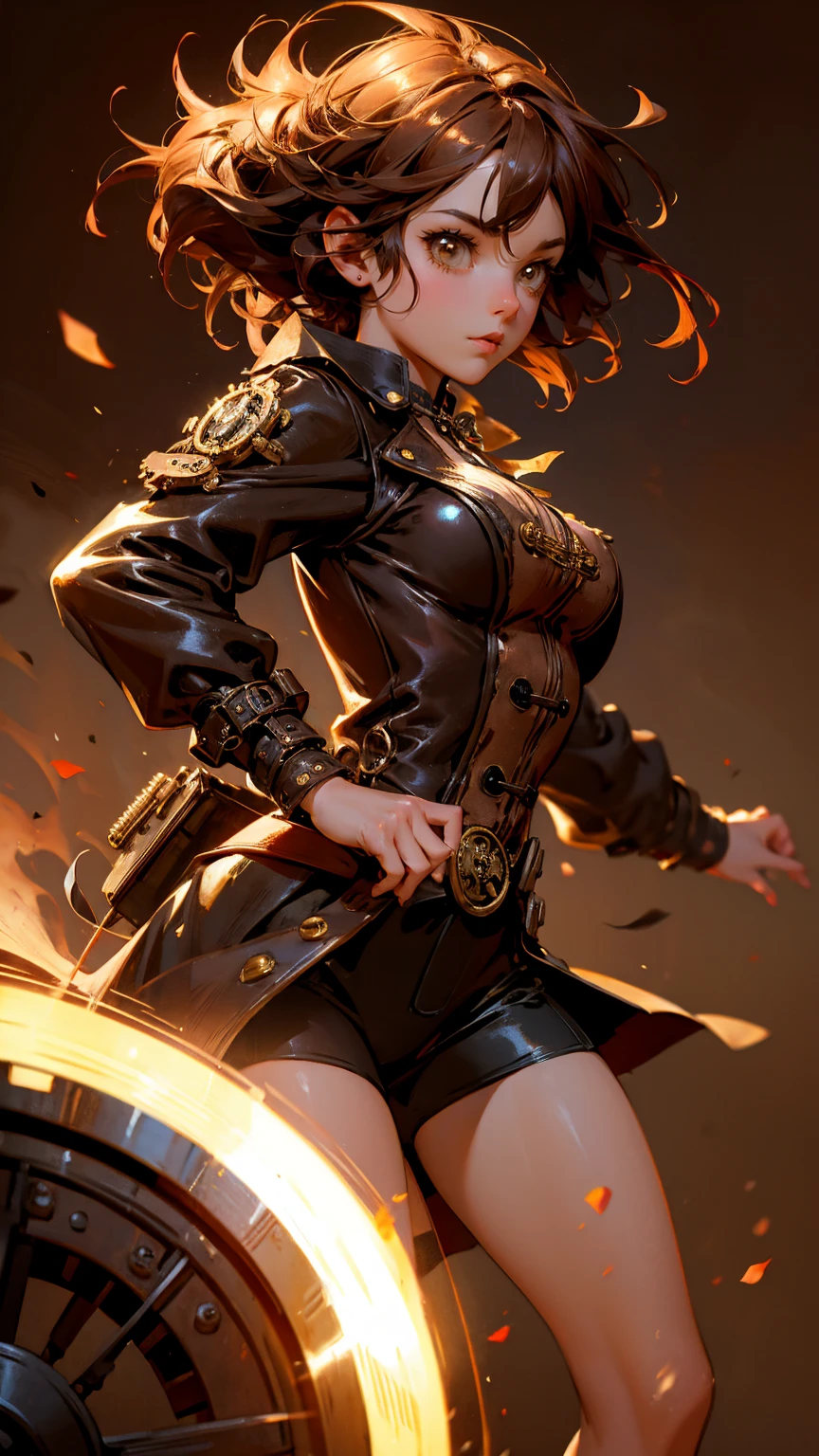 A cute steampunk girl running from left side, strong lighting contrasts, brown background