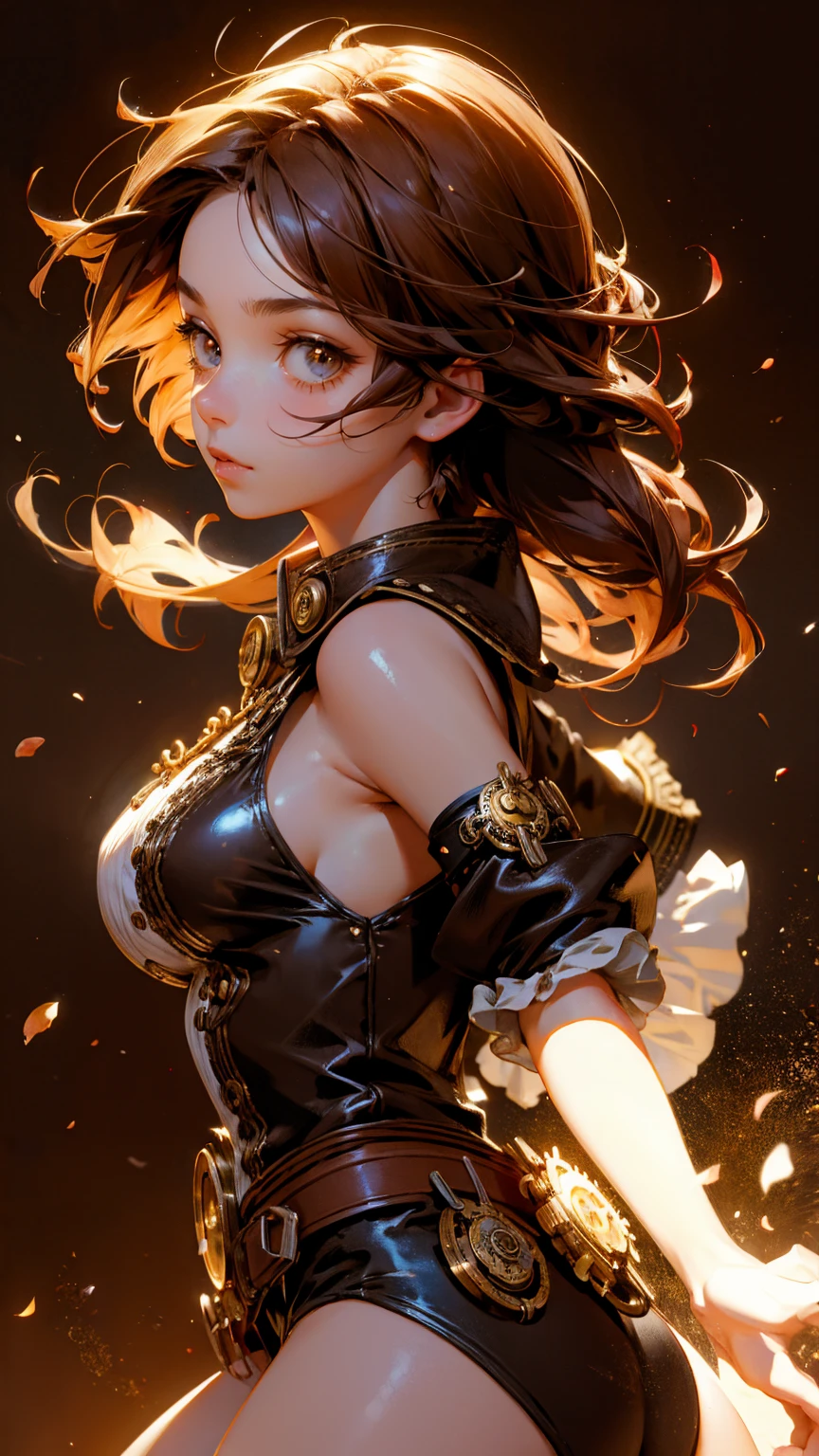 A cute steampunk girl running from left side, strong lighting contrasts, brown background