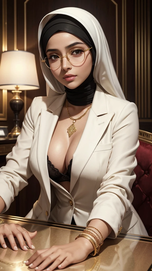 a beautiful hijabi glasses girl, , detailed face, expressive eyes, luscious lips, shy expression, voluptuous figure, wearing a sexy white blazer, golden bangles, bracelets, necklaces, swiss golden watch, lying on a table, dramatic lighting, cinematic, color graded, award winning, elegant, feminine, intricate details, luxurious, high fashion, glamorous, alluring, hyper detailed, ultra-realistic, 8k, photorealistic