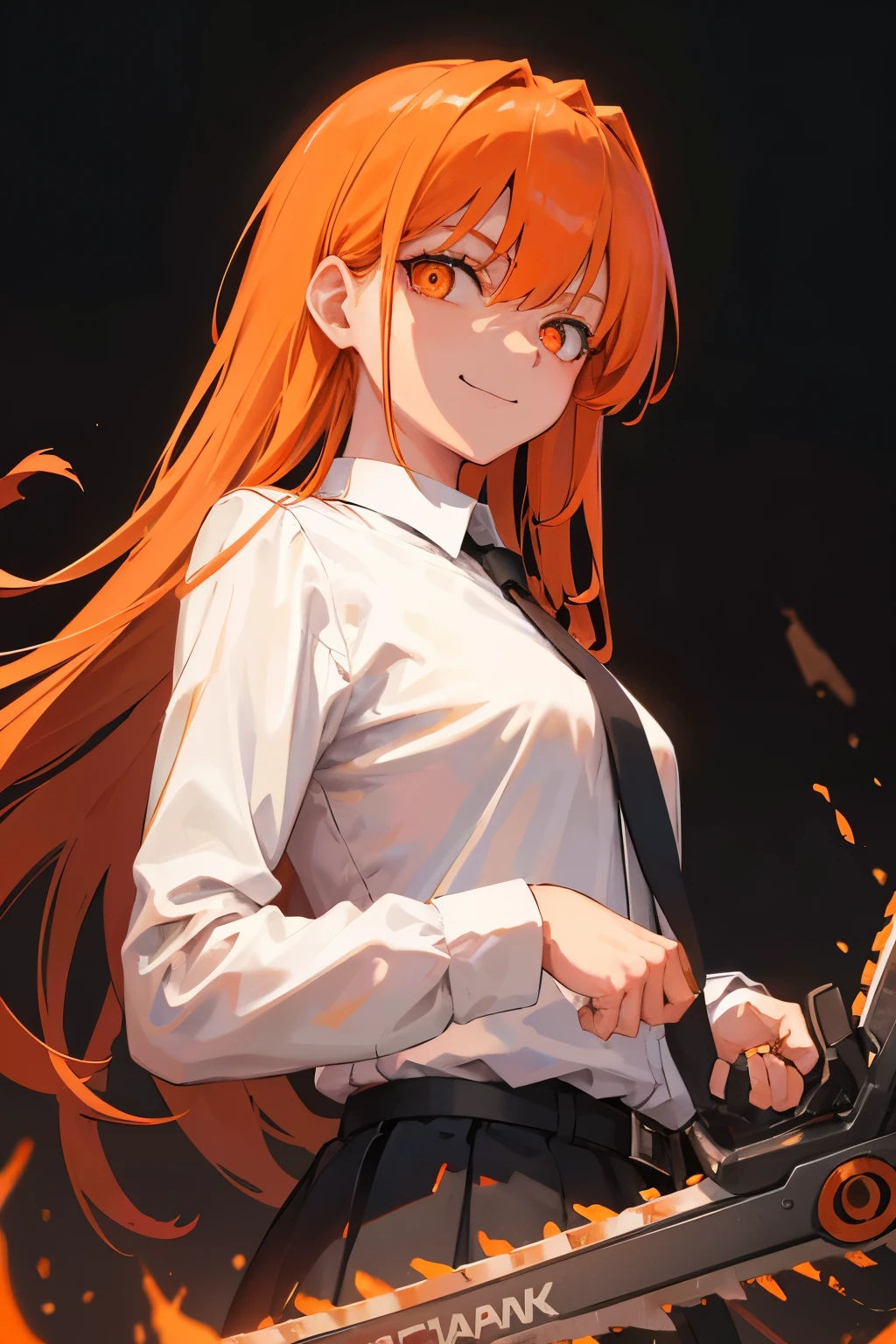 hand (Chainsaw Man), Highest quality, Super detailed, One girl, alone, Are standing, Redhead, Long braided hair, Golden Eyes, bangs, Medium chest, White shirt, tie, stare, smile, (evil:1.2), View your viewers, (interview:1.3), (Dark Background), From below, Crisp contrast , Gorgeous fine details, concentrated , Close-up shot , Orange glowing eyes,Front view
