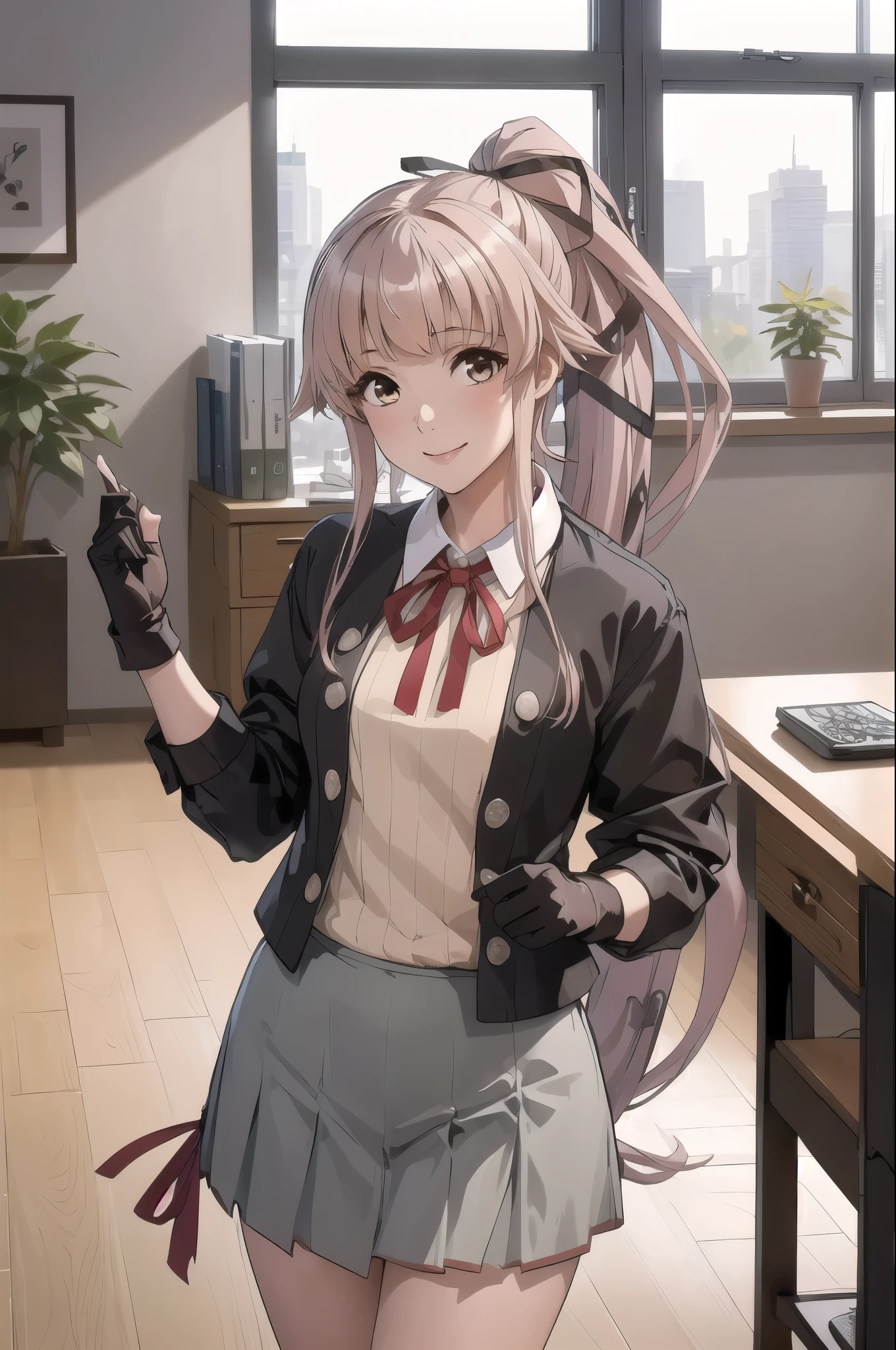 (masterpiece, Highest quality:1.2), alone, One girl, (Yura Kai-2), smile, View your viewers, (indoor, office, living room), , ponytail, Hair Ribbon, , Jacket, Neck ribbon, Black gloves, Grey Skirt 