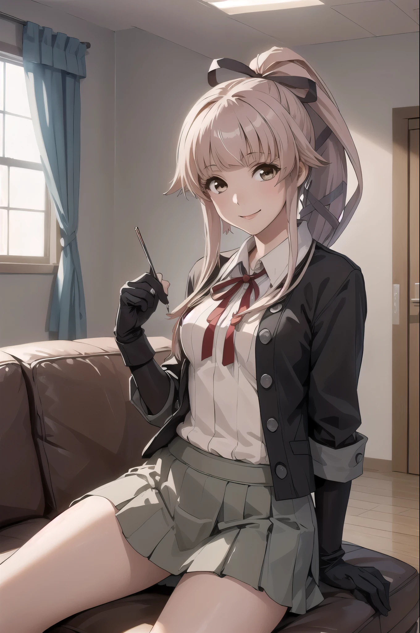 (masterpiece, Highest quality:1.2), alone, One girl, (Yura Kai-2), smile, View your viewers, (indoor, office, living room), , ponytail, Hair Ribbon, , Jacket, Neck ribbon, Black gloves, Grey Skirt 