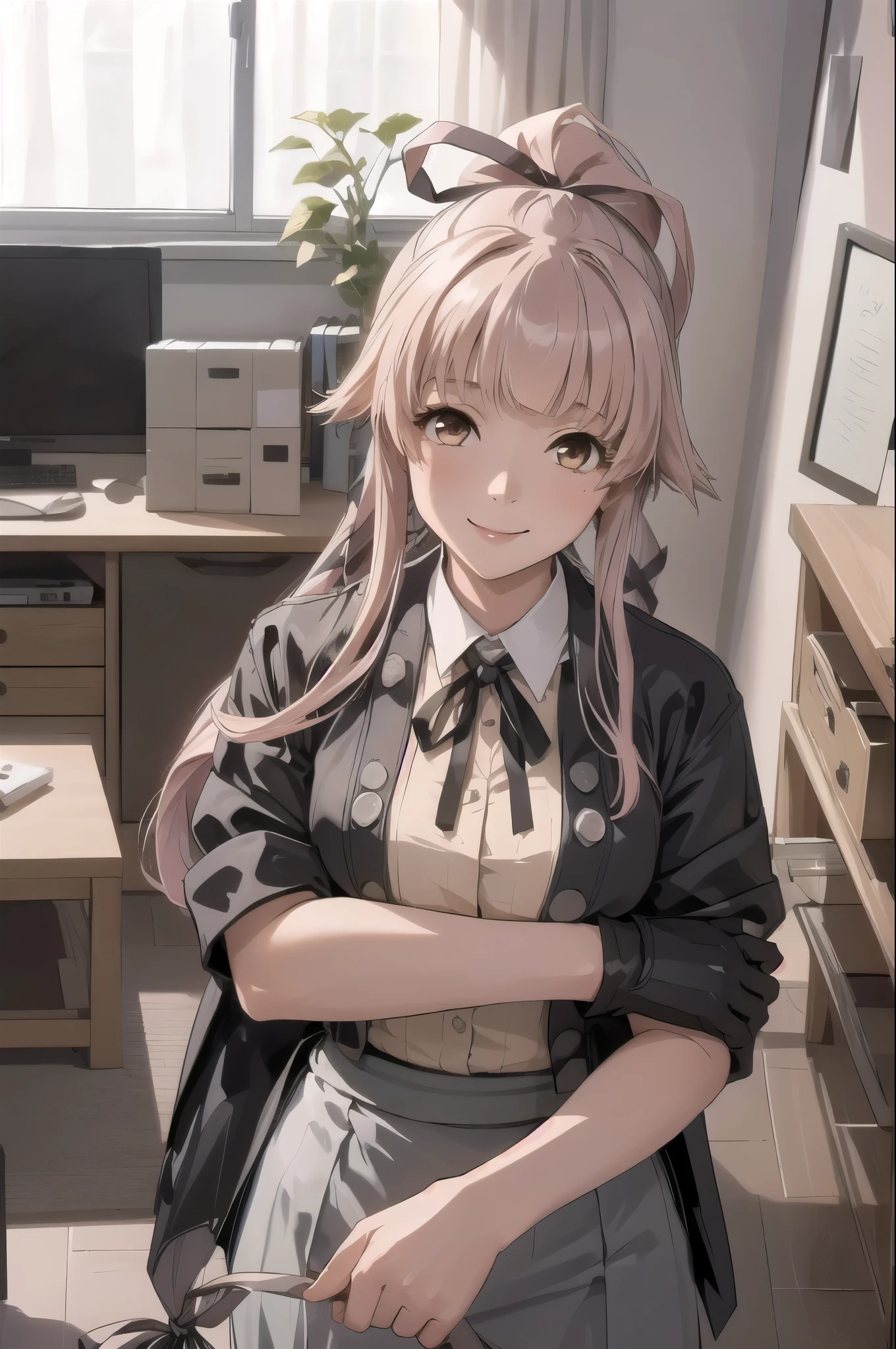 (masterpiece, Highest quality:1.2), alone, One girl, (Yura Kai-2), smile, View your viewers, (indoor, office, living room), , ponytail, Hair Ribbon, , Jacket, Neck ribbon, Black gloves, Grey Skirt 