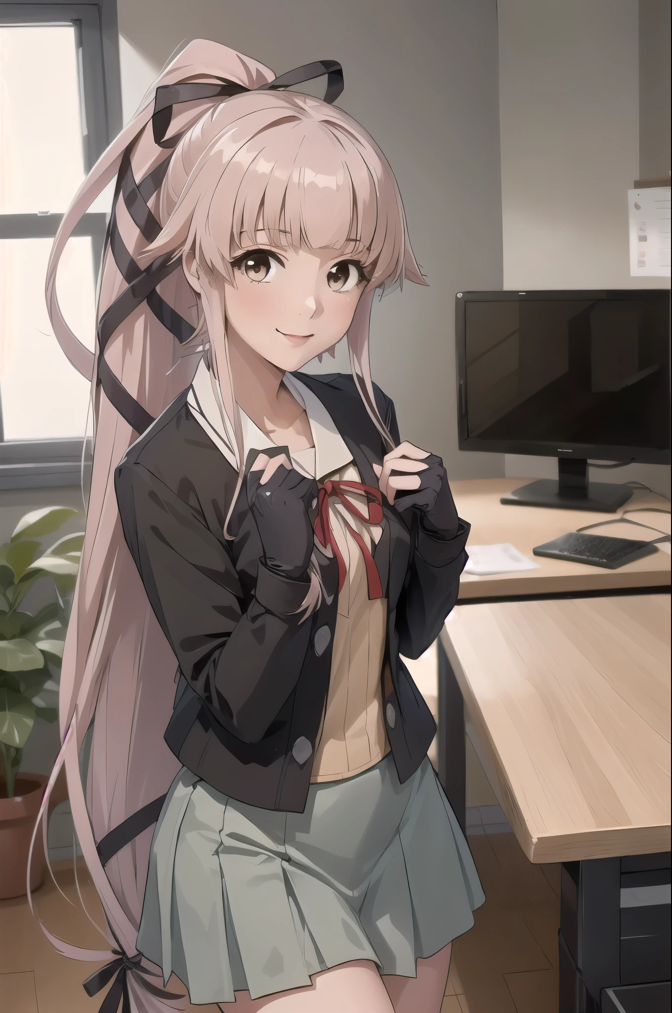 (masterpiece, Highest quality:1.2), alone, One girl, (Yura Kai-2), smile, View your viewers, (indoor, office, living room), , ponytail, Hair Ribbon, , Jacket, Neck ribbon, Black gloves, Grey Skirt 