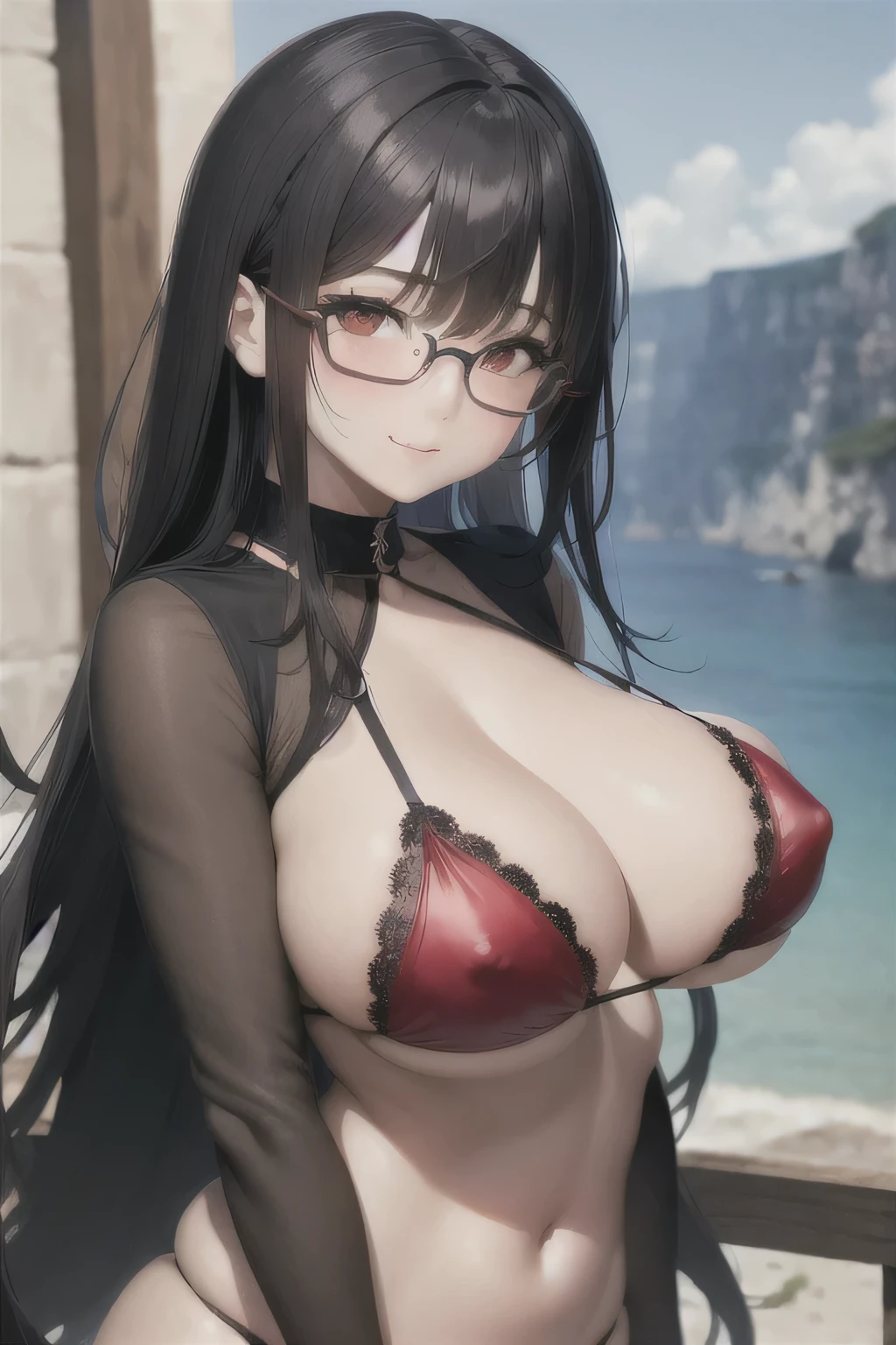 (Masterpiece, Best Quality:1.2), Alone, 1 girl, my kisaragi, Expressionless, Closed mouth, looking at the viewer, of collections, black fur, glasses, seductive, sexy, landscape greece, bikini sexy, red and black swimsuit, lace, big breasts, huge tits,  sexy dress, blushing, large eyes, gray eyes, smiling