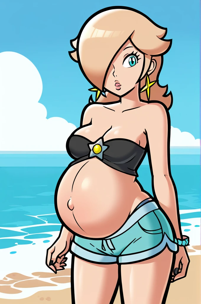 score_9, score_8_up, 1girl, solo, rosalina, style parody, thick outlines, black bikini, top, shorts, pregnant, belly, sleeveless, strapless, cleavage, beach, black nails