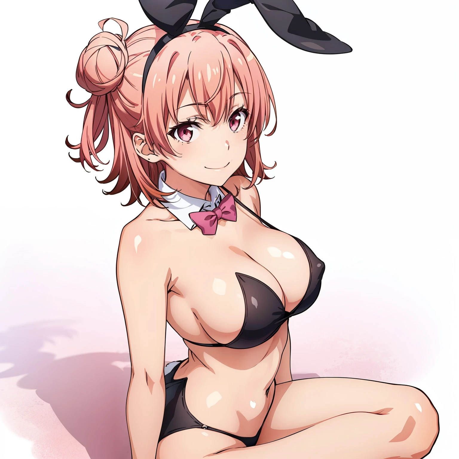 ((masutepiece, Best Quality, hight resolution, nffsw, Perfect Pixel, depth of fields, 4K, )), 1girl in, Solo, , Beautiful anime girl, Beautiful Art Style, close up, Looking at Viewer, Perfect body, side shot, Yuigahama Yui, Short hair, pink hair, pink eyes, hairbun, (large boob), side boob, sitting, black playboy bunny outfit, smile, hands on thighs, blank white background, shot from the waist up