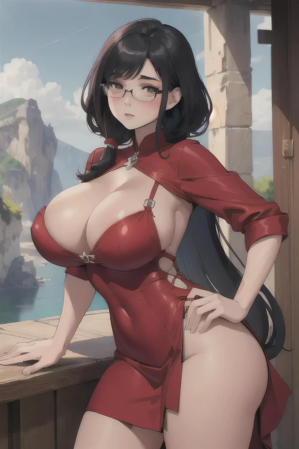 (Masterpiece, Best Quality:1.2), Alone, 1 girl, my kisaragi, Expressionless, Closed mouth, looking at the viewer, of collections, by rubio dorado, glasses, seductive, sexy, landscape greece, sexy red dress sexy, big breasts, huge tits, sexy dress, blushing, large eyes, gray eyes