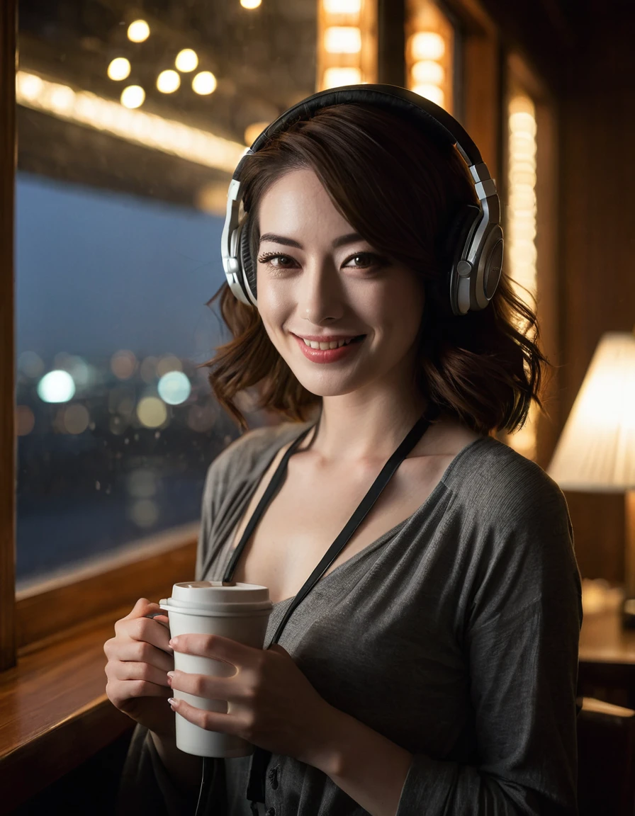 ((quite a bit body)), a beautiful cute smile Japanese face woman, still from the film, (Anne Hathaway look alike face: 0.8), breathtaking Photograph of woman wearing headphones and drinking coffee, in the dark, soft wind tousling hair, cinematic, dramatic lighting, detailed intricate, high resolution, hdr, 8k, masterpiece, window side, night lamps, fine shadows perfect composition, reflections ambient occlusion shadow depth, fog atmosphere, volumetric light, god rays, misty, award-winning, professional, highly detailed, Leica SL3, Summicron-SL 75mm, f/2 ASPH, Kodak Gold 200 film, bokeh, rim lighting, silhouette, shallowed depth of field, dynamic hands up,
