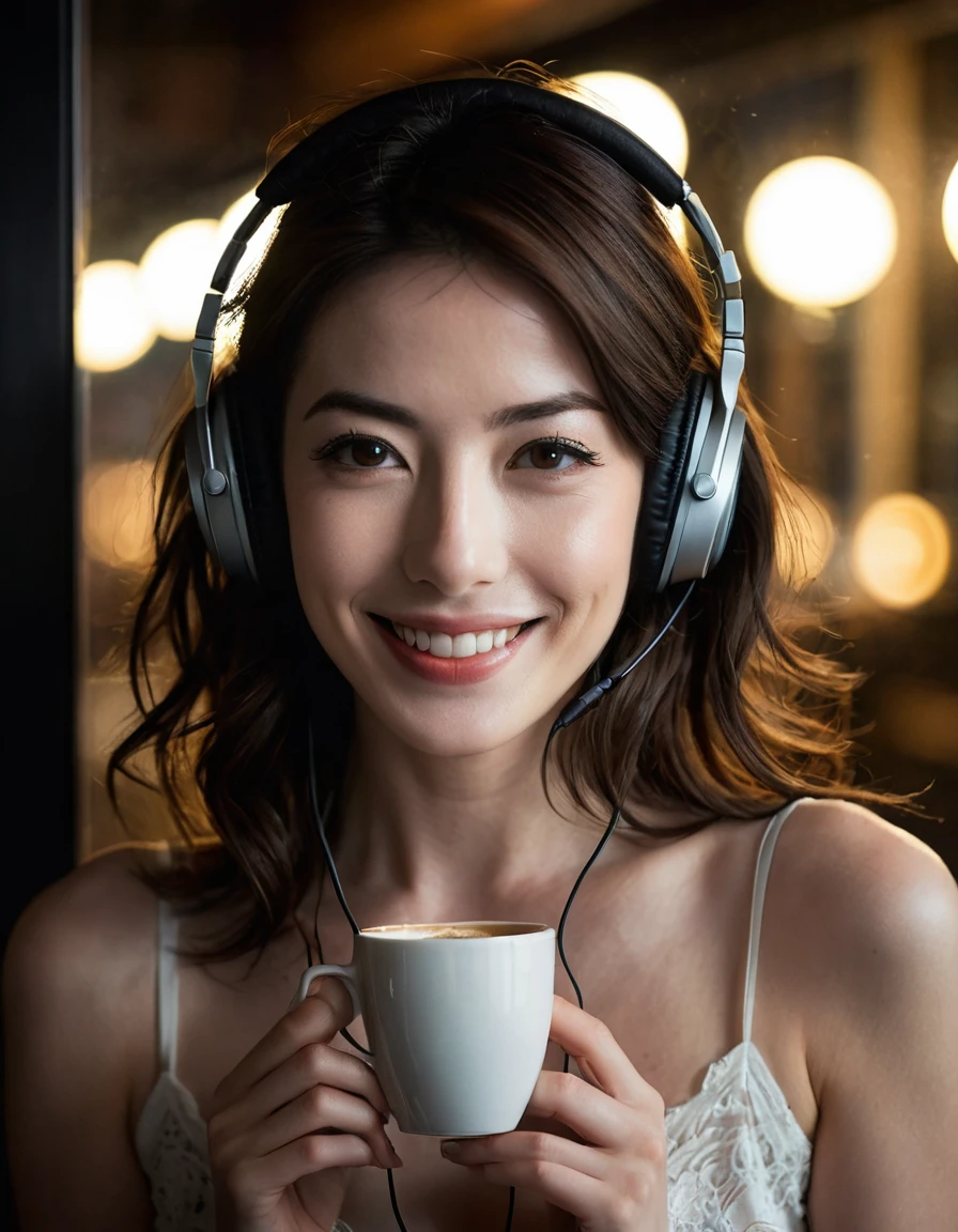 ((quite a bit body)), a beautiful cute smile Japanese face woman, still from the film, (Anne Hathaway look alike face: 0.8), breathtaking Photograph of woman wearing headphones and drinking coffee, in the dark, soft wind tousling hair, cinematic, dramatic lighting, detailed intricate, high resolution, hdr, 8k, masterpiece, window side, night lamps, fine shadows perfect composition, reflections ambient occlusion shadow depth, fog atmosphere, volumetric light, god rays, misty, award-winning, professional, highly detailed, Leica SL3, Summicron-SL 75mm, f/2 ASPH, Kodak Gold 200 film, bokeh, rim lighting, silhouette, shallowed depth of field, dynamic hands up,