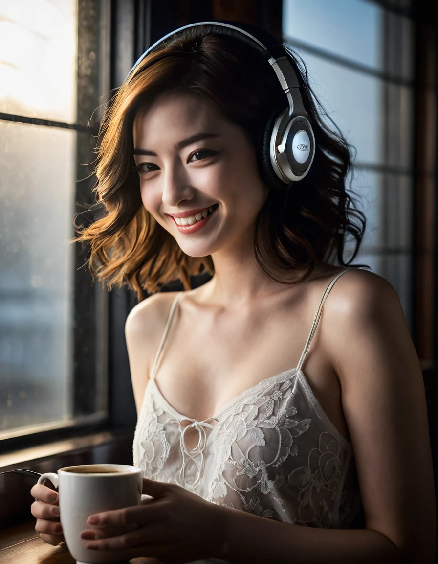 ((quite a bit body)), a beautiful cute smile Japanese face woman, still from the film, (Anne Hathaway look alike face: 0.8), breathtaking Photograph of woman wearing headphones and drinking coffee, in the dark, soft wind tousling hair, cinematic, dramatic lighting, detailed intricate, high resolution, hdr, 8k, masterpiece, window side, night lamps, fine shadows perfect composition, reflections ambient occlusion shadow depth, fog atmosphere, volumetric light, god rays, misty, award-winning, professional, highly detailed, Leica SL3, Summicron-SL 75mm, f/2 ASPH, Kodak Gold 200 film, bokeh, rim lighting, silhouette, shallowed depth of field, dynamic hands up,