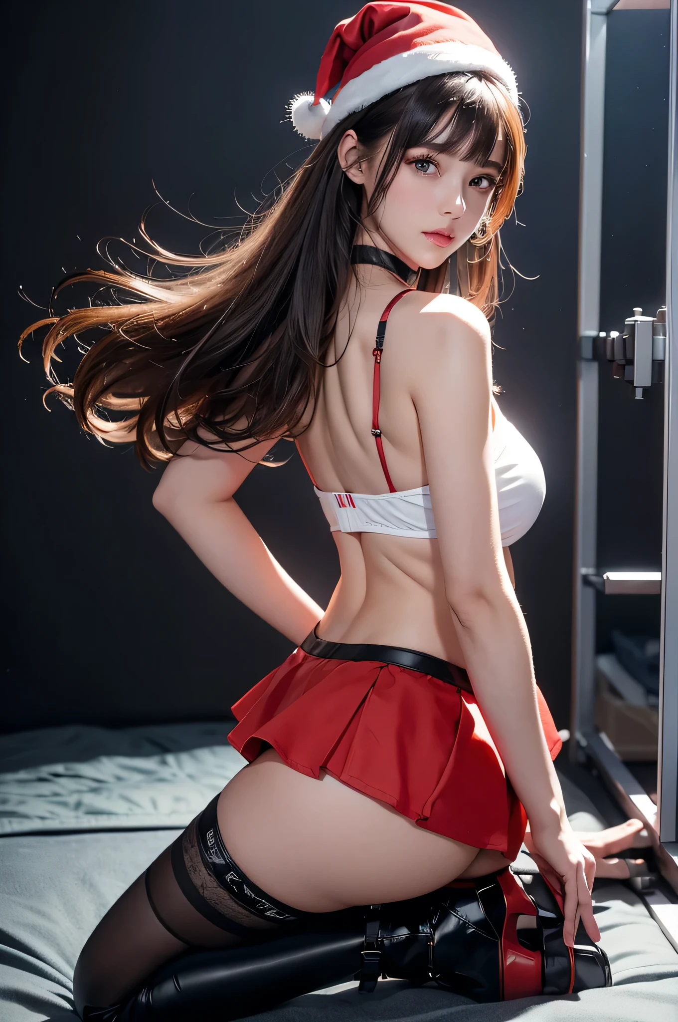 masterpiece, best quality, Very detailed, to the camera, Very detailed, Practical, Distinctive features, Very detailed, Clear focus, Perfect face, Perfect face, Perfect symmetry，perfects eyes, Perfect plump lips, Flexible female form, Movie, lamp, Very detailed, hyper Practical, masterpiece, atmosphere, high resolution, Energetic, Dynamic studio lamp light, ((Dark background)), Endure the expression of happiness, Straight bangs, Blue eyes,Kneel down，Hands on ????、????、???????? excited expressions、??????????、National Foundation,((Top quality、8k、masterpiece:1.3))Wears a silver-white mech，Girl with delicate face，Highest image quality，Ultra-clear，Exquisite and clear facial features，End of the World，Robotic Arm，Delicate and detailed mechanical pattern,Cyberpunk characters、numbercity、number、century、throne，(top-quality,8k picture quality,​masterpiece:1.3,hight resolutiSUI,masutepiece:1.2), 23-year-old woman arrested for wearing red Santa suit, Looking at the camera,(santa hat,Super mini skirt with slit,Stockings,a choker,long boots:1.2),(Bold pose with ?????????:1.4),(Back arms:1.3),(Short bob hair,light brown hair),BSUIdage FashiSUI,(??????? are visible through the costume,I can see my panties),,normal hands,normal finger,normal legs thin abs:1.2,Tears,red blush,Depressed,(wetted skin),Bright red Hitomi,(luxury ??????? chamber:1.3),(SUI_Back),??????????,Abrola PrisSUIer,ripped clothing,See-through clothing,(Young gravure idols, Young skinny gravure idol, sophisticated gravure idol),(detailed flawless face)