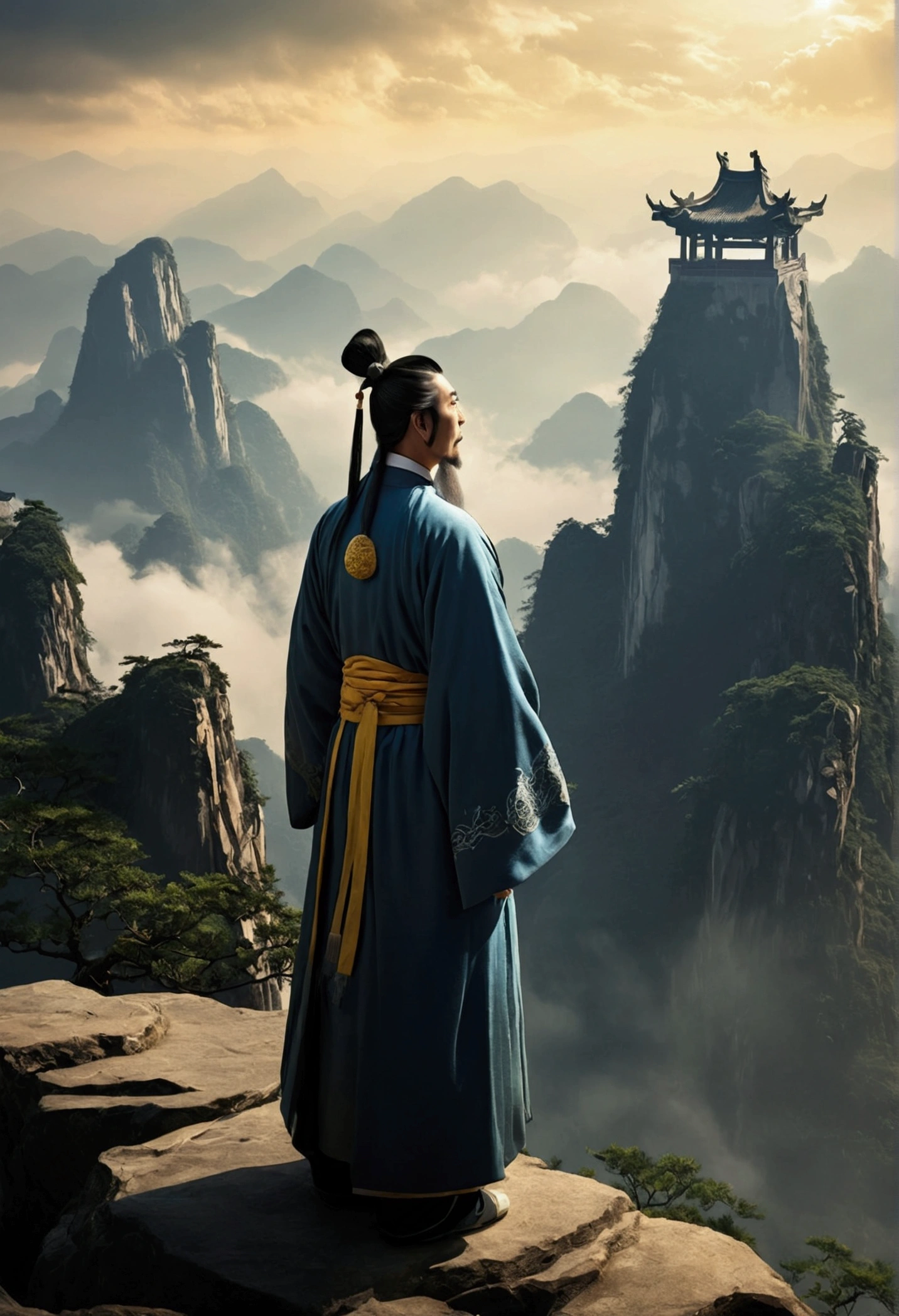 Chinese men, Zhuge Liang stood on the top of the mountain and looked at it from afar, with a solemn expression