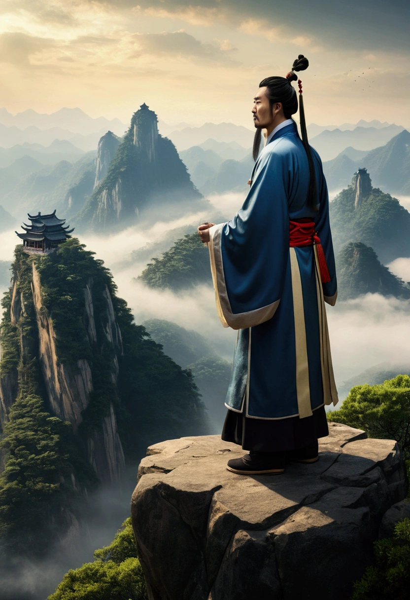 Chinese men, Zhuge Liang stood on the top of the mountain and looked at it from afar, with a solemn expression