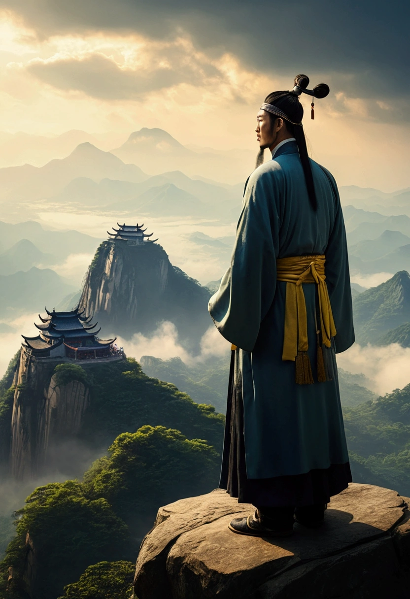 Chinese men, Zhuge Liang stood on the top of the mountain and looked at it from afar, with a solemn expression