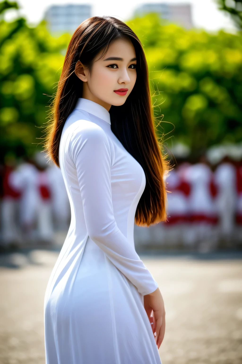 Raw photo , 1 girl ,Wearing white traditional uniform ,vietnam  girl, playing in the playground , professional photographer, (hdr:1.4), masterpiece, ultra-realistic 8k, perfect artwork, intrincate details, cute face, award winning photograph, (Best quality, 8k, 32k, Masterpiece, UHD:1.3) ,