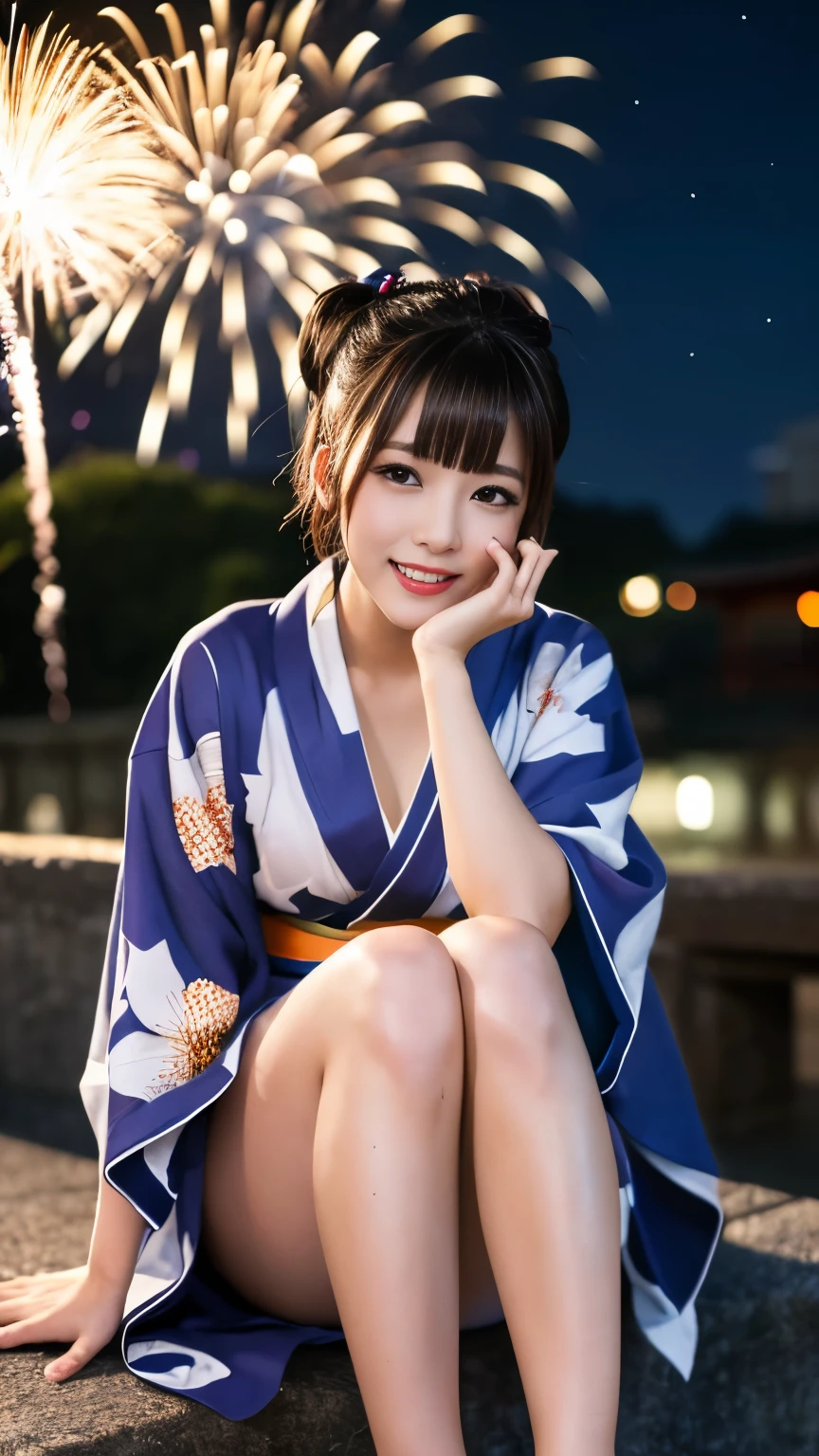 (8k、RAW Photos、Highest quality、masterpiece:1.2)、(Real、Photorealistic:1.37)、Ultra-high resolution、One Girl、cute、solo、night、sitting、(Laughter:1.1)、Beautiful Eyes、(Short Hair:1.2)、(((Fireworks bursting into the sky、night)))、(((kimono、yukata)))、Cleavage、Perfect body、Perfect Fingers、Professional Lighting、Japanese Goddess、gravure、Detailed face and skin texture、Detailed eyes、RAW Photoy thighs are in full view.)))、丈の非常に短いyukata、20 year old Japanese girl、Highest quality、Full Body Shot、Ultra-high resolution、(reality:1.4)、Raw photo、(花柄yukataの女の子:1.2)、Summer festival、night、No underwear is worn、I&#39;m not wearing a bra、(((Shoulder-baring big breasts:1,5)))、Cleavageにしっとりと汗、ランダムなcuteポーズ、Large Breasts、