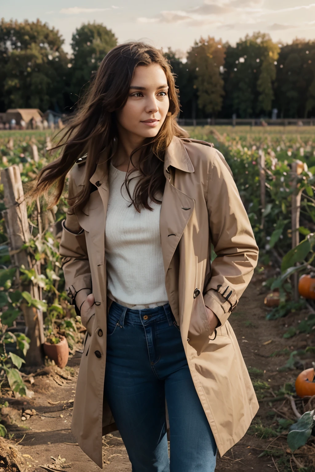 Generate a realistic, human-captured image of a person wearing a trench coat and jeans in a pumpkin patch.