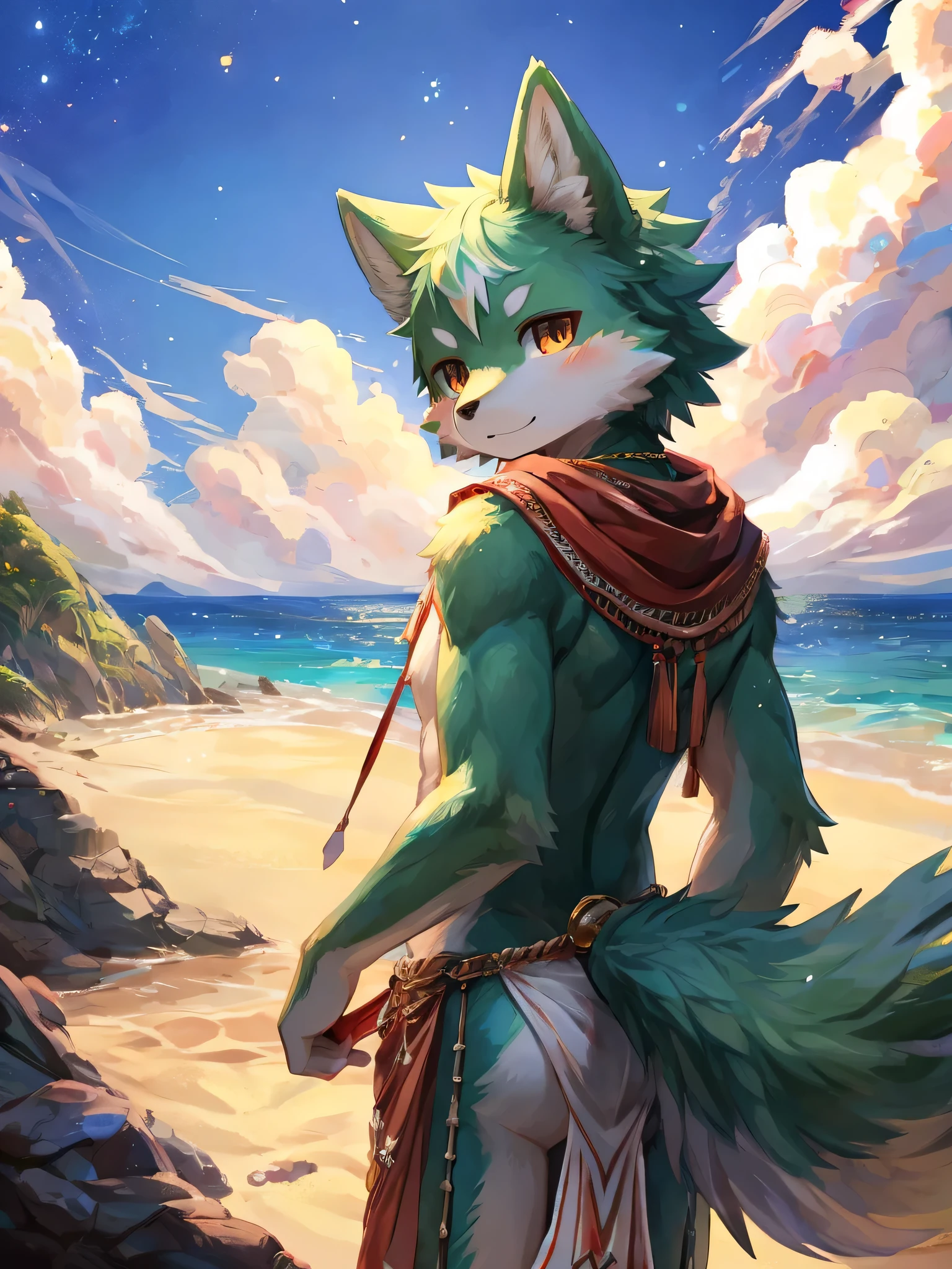 Lonly face,masterpiece, high quality, hi res, digital painting \(artwork\), by kuroisumi, yupa,kiyosan. soft lighting, solo, (anthro male wolf), (Green body), sunshine, beach, loincloth, sea, cloud, dark, bright, sand, from side, necklace. impasto, panorama,portrait,135mm,looking at viewer,character focus. detailed background,amazing background,outdoors,scenery,light particles, kemono, (cute), ass