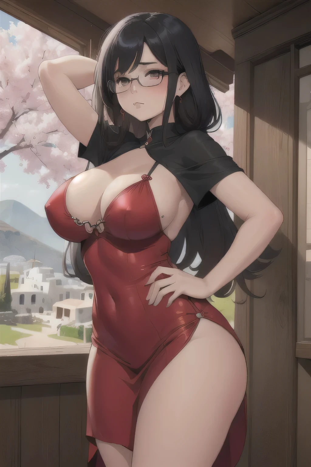 (Masterpiece, Best Quality:1.2), Alone, 1 girl, my kisaragi, Expressionless, Closed mouth, looking at the viewer, of collections, by rubio dorado, glasses, seductive, sexy, landscape greece, sexy red dress sexy, big breasts, huge tits, sexy dress, blushing, large eyes, gray eyes