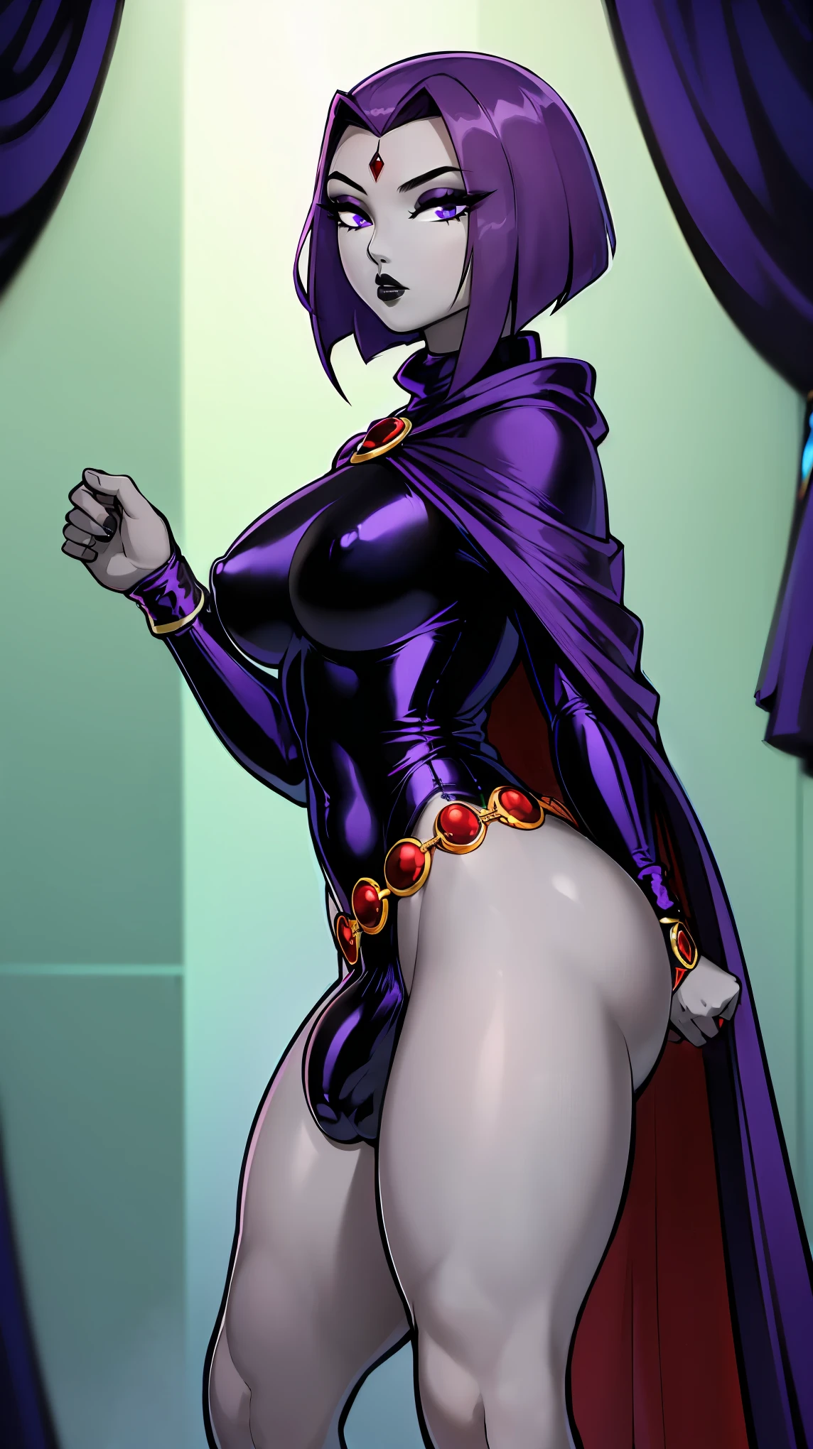 (solo:1.1),(masterpiece), (best quality:1.3), ultra detailed, intricate, professional art, digital art, absurdres, shadraven, (Full body view:1.1), 1girl, solo, (grey skin:1.4), dark purple hair, bob hair, dark purple eyes, hips wider than shoulders, pear shaped body, jewellery, detailed thighs, thick thighs, red jewel in forehead, jewels, (long sleeved turtleneck leotard:1.4), (Red jewel Belt), (red jewel broach), cuffs, small breasts, nipple bulge, (shadraven long cloak), (Shadraven broach:1.2), Shadraven jewel belt, Shadraven wearing a long sleeved leotard, long legs, ( long crotch bulge:1.4), large penis, large testicles, side view, looking at viewer, bubble butt , gluteal crease, universal lighting,