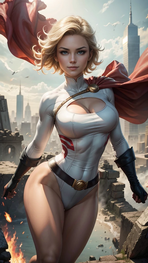 Power Girl da DC Comics,(best qualityer,4K,8k,high resolution,work of art:1.2)(weather: windy),battle ruins,Gotham,short hair,ultra detailed,realisitic,portraite,beautiful detailed blue eyes,beautiful detailed lips,torn clothes,extremely detailed eye and face, long eyelashes,sexly,average,large breasts,cleavage,flying hair,gloves,beaming smile,powerful girl in a battle,combat pose,stunning curves,bright coloured,dramatic lighting,battle background,composition,red cape,