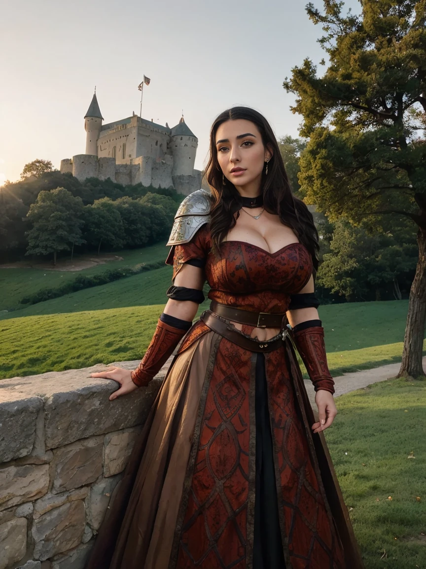 Gorgeous and sultry busty athletic (thin) brunette queen with sharp facial features wearing a modest updo, ceremonial armor, dark red medieval armor, long sleeves, intricate patterns, filigree, gauntlets, pauldrons, breastplate, crown, veil, long dress, modest dress, tight bodice, silver belt, (waist chain), medieval jewelry, Middle Ages, castle, rampart, wall, exterior, on top of a castle wall, trees, countryside, evening, sunset.