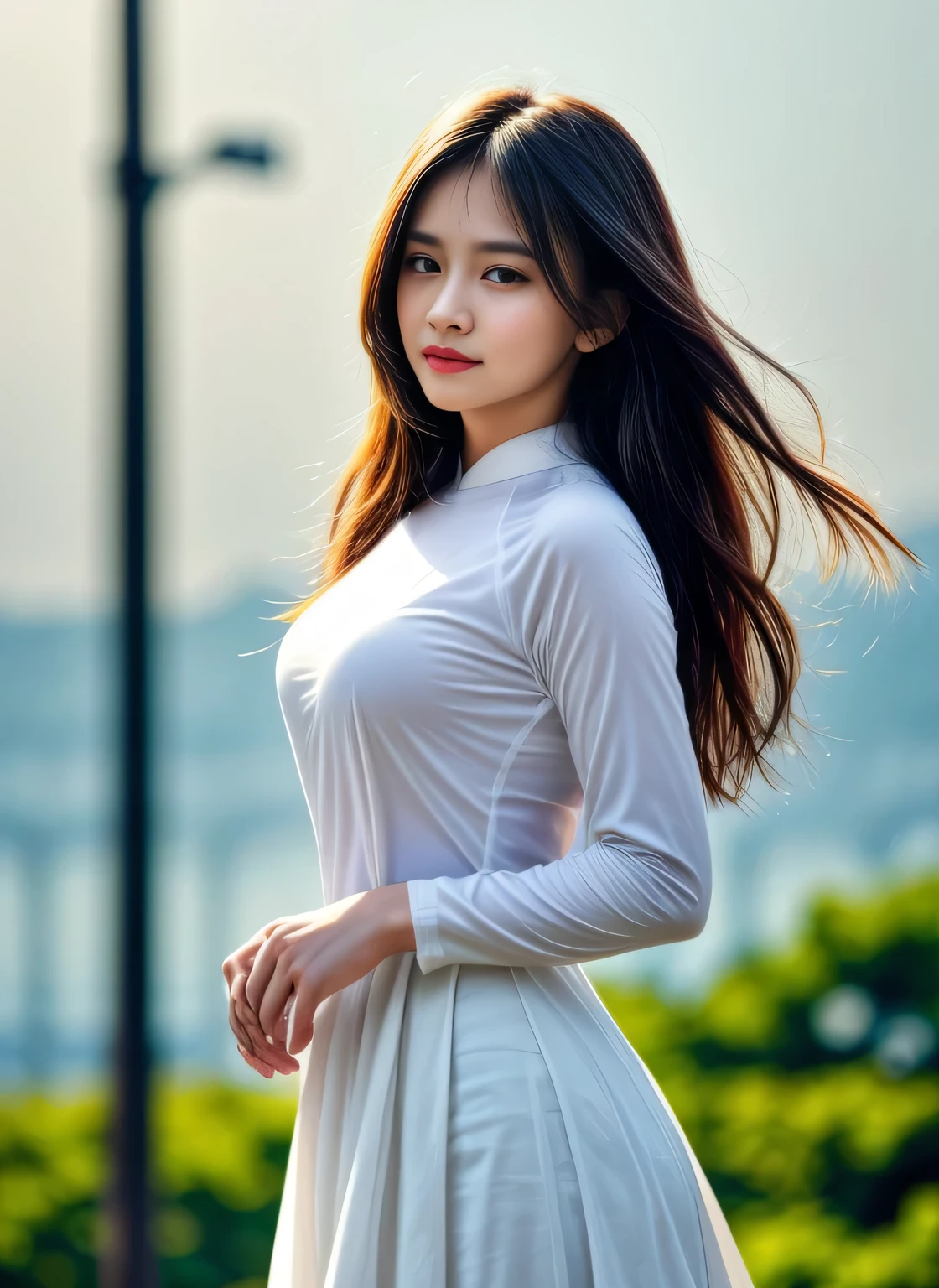 Raw photo , 1 girl  ,Wearing white traditional uniform, Vietnam school girl , black hair , professional photographer, (hdr:1.4), masterpiece, ultra-realistic 8k, perfect artwork, intricate details, cute face, award winning photograph, (Best quality, 8k, 32k, Masterpiece, UHD:1.3) ,