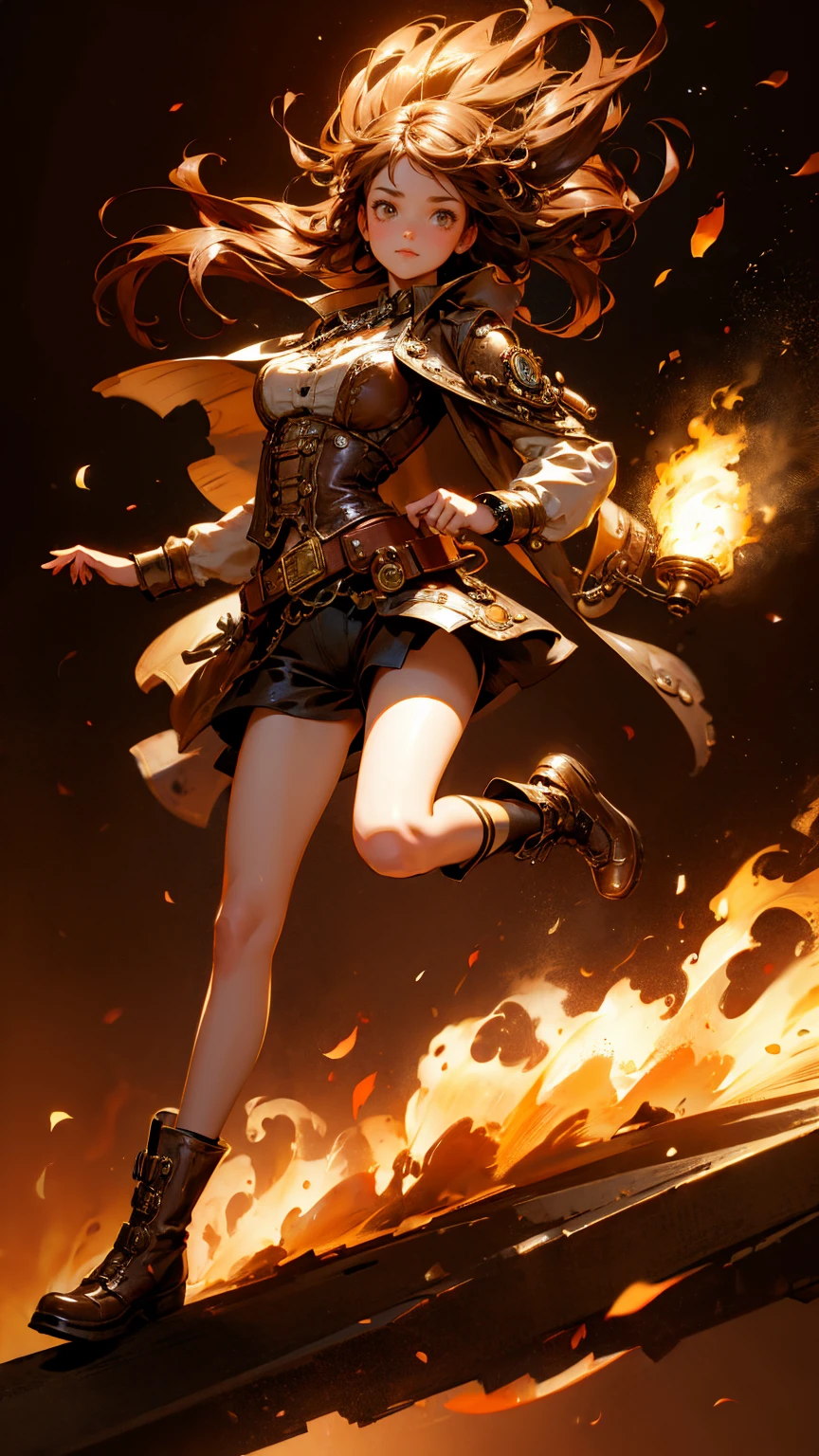 A cute steampunk girl running from left side, full body, strong lighting contrasts, brown background