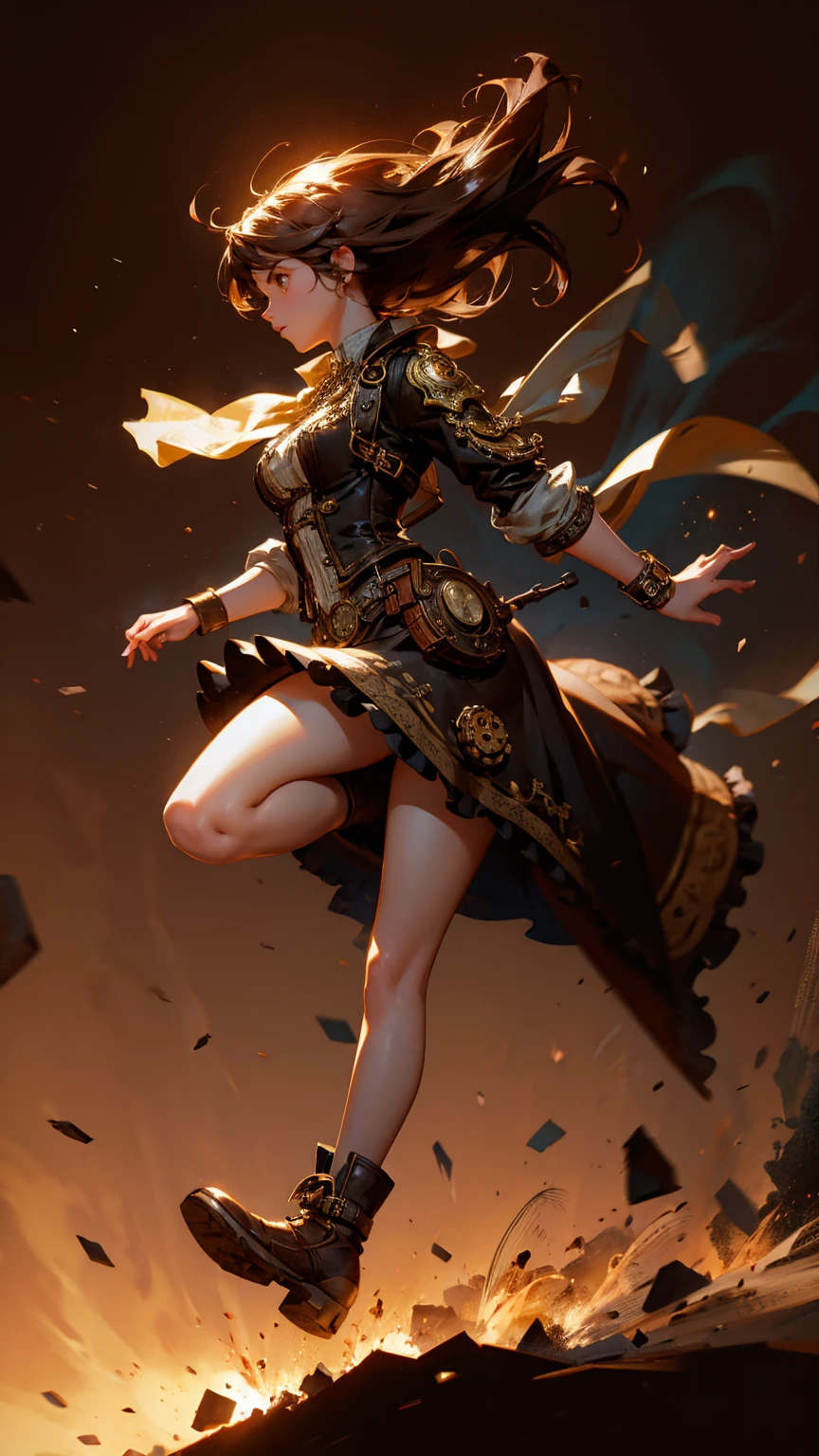 A cute steampunk girl running from left side, full body, strong lighting contrasts, brown background