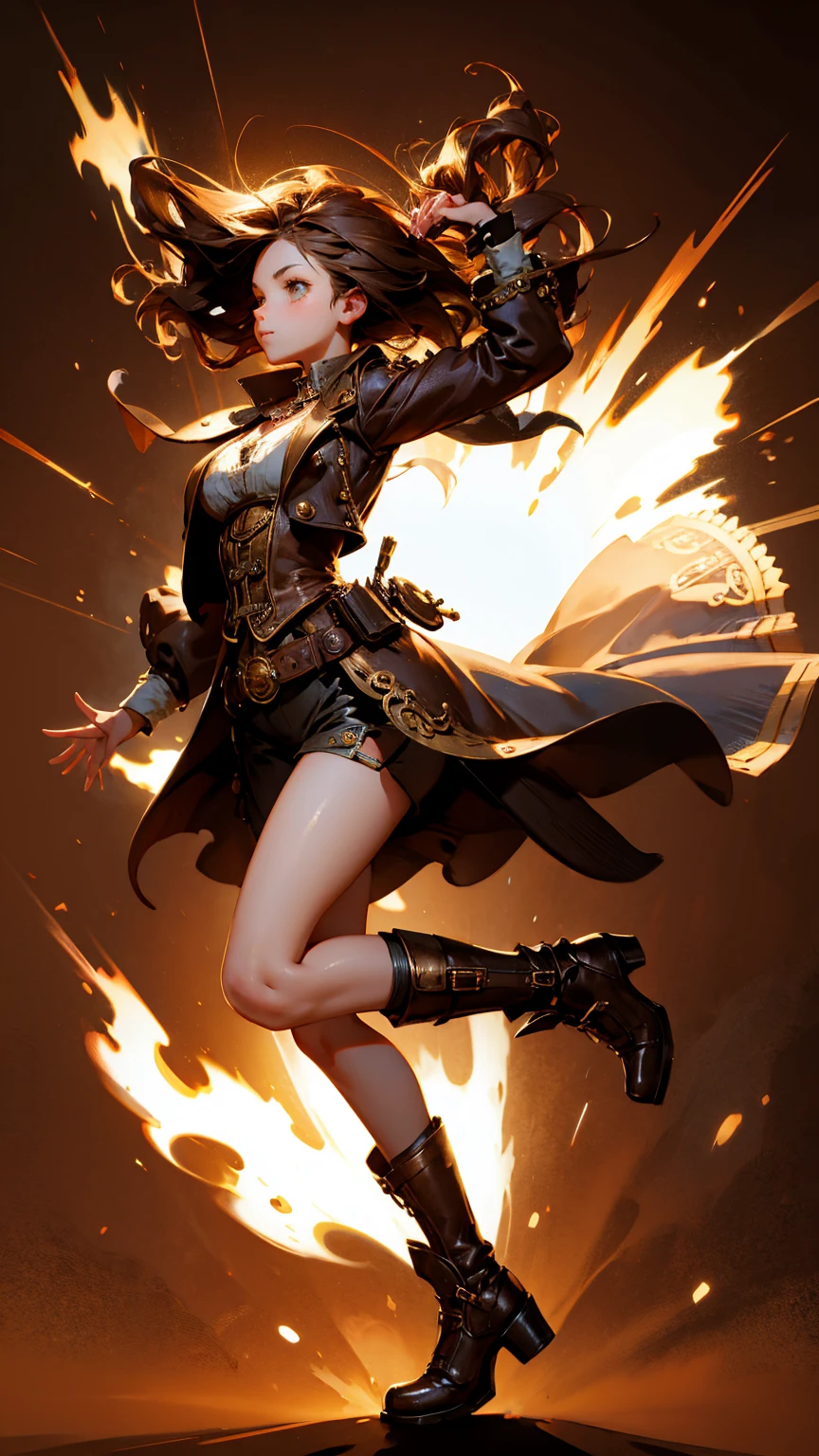A cute steampunk girl running from left side, full body, strong lighting contrasts, brown background